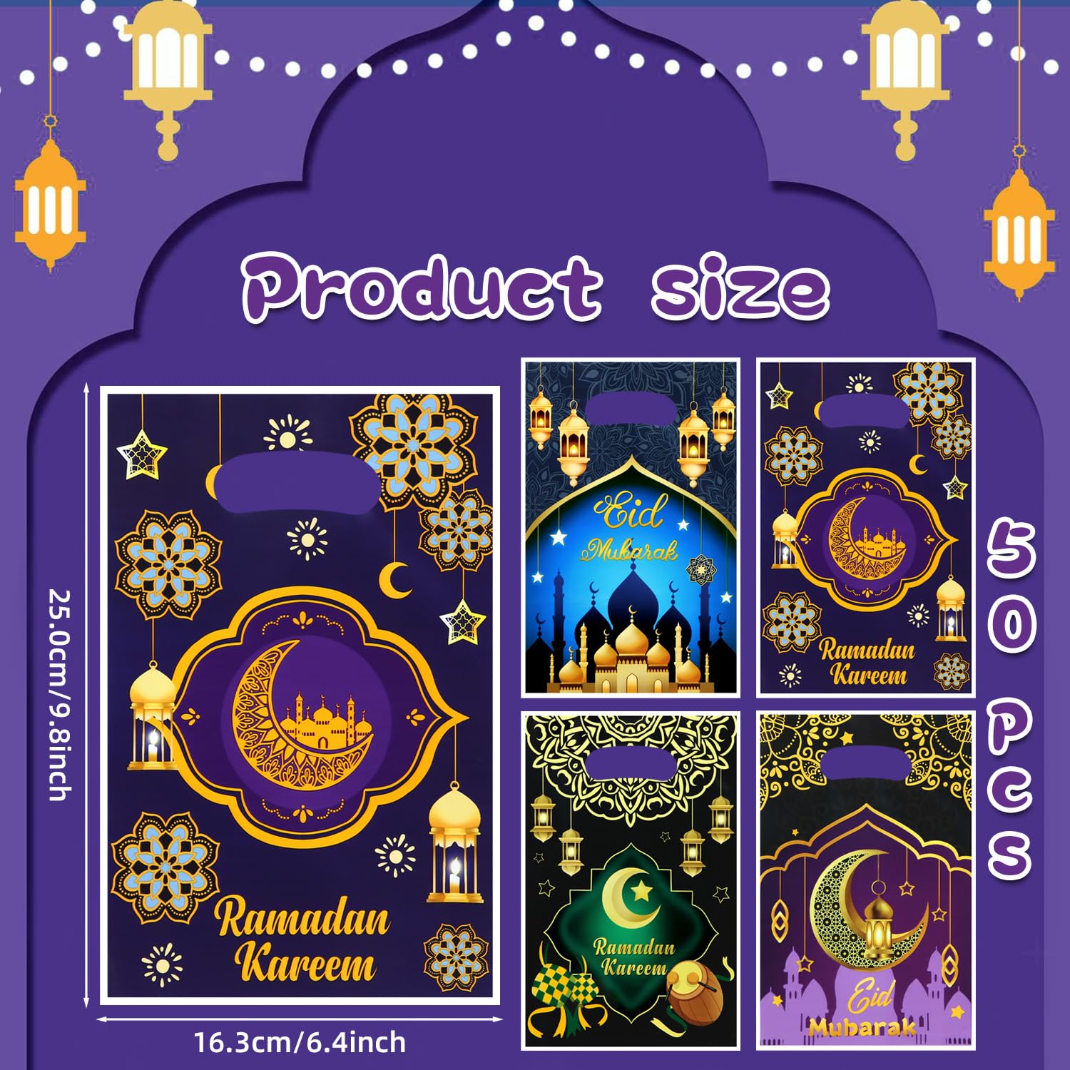 50pcs Eid Mubarak Gift Bags with Die Cut Handles, 4 designs - Golden Crescent Moon Lantern Muslim Mosque Print Goodie Candy Snack Plastic Gift Bags Pouch for Eid Al-fitr Ramadan Islamic Diwali Party