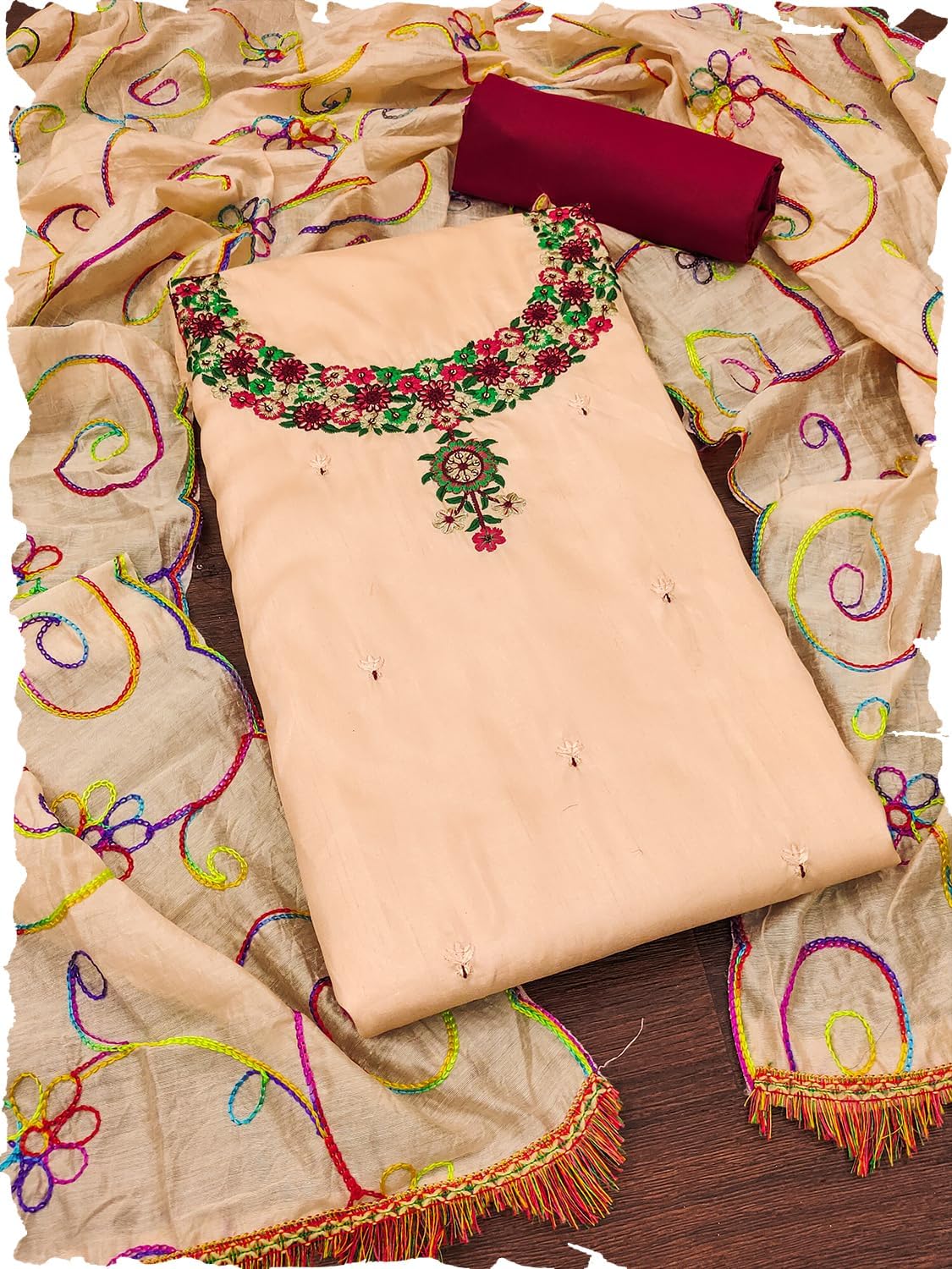 leeza store Women's Silk Blend Multicolour Thread Work & Lace Border Unstitched Dress Material With Modal Thread Work Dupatta