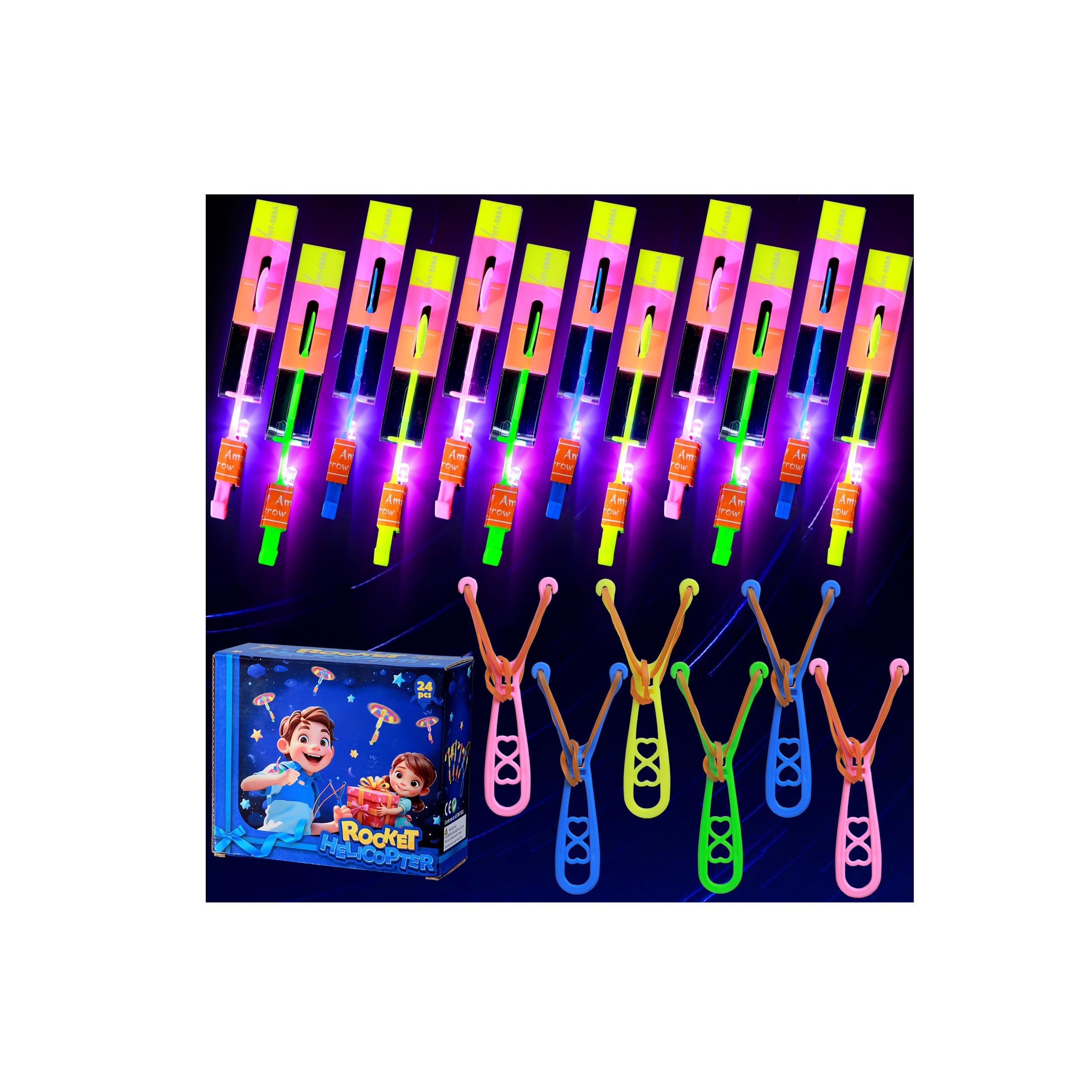 Photo 1 of SCIONE 24 Sets LED Flying Set, 24 Slingshot+24 Glow Helicopter-48 Pcs, Flying Toy Outdoor Toys Glow in The Dark Party Supplies Party Favors for Kids 8-12,4-8