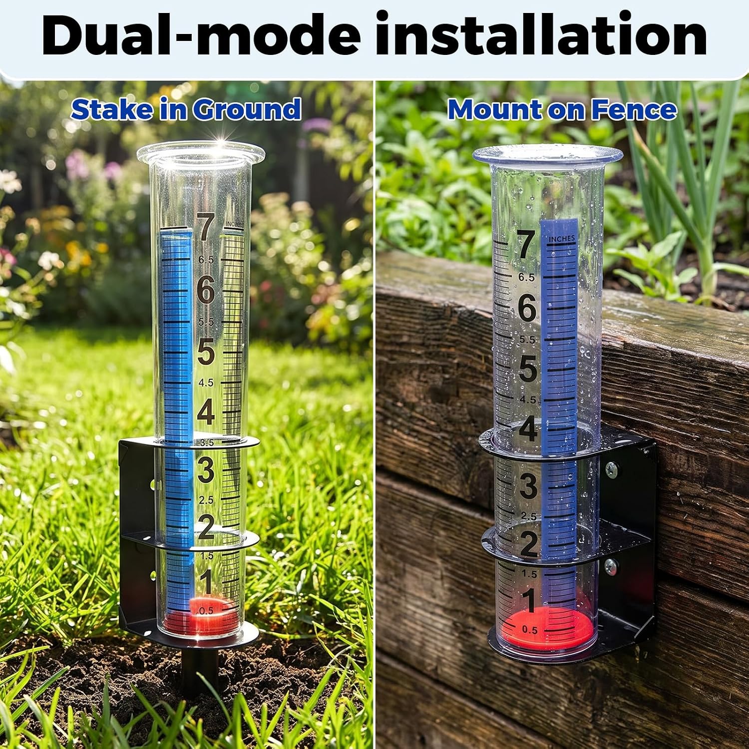 ZOZOO Rain Gauge Outdoor, 7" Rain Gauges Outdoors Best Rated with Detachable Stake & Metal Wall Mount Holder, Easy-to-Read Freeze-Proof Tube with Red Float for Yard Garden