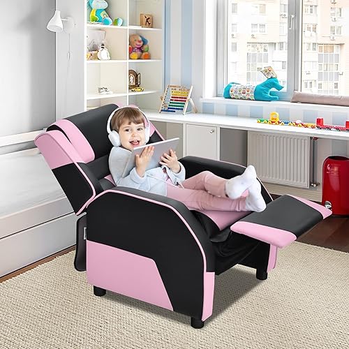 Miniatura 10 de Giantex Silla reclinable para niños, silla reclinable para juegos con reposapiés, reposacabezas y soporte lumbar, silla ergonómica de cuero para
