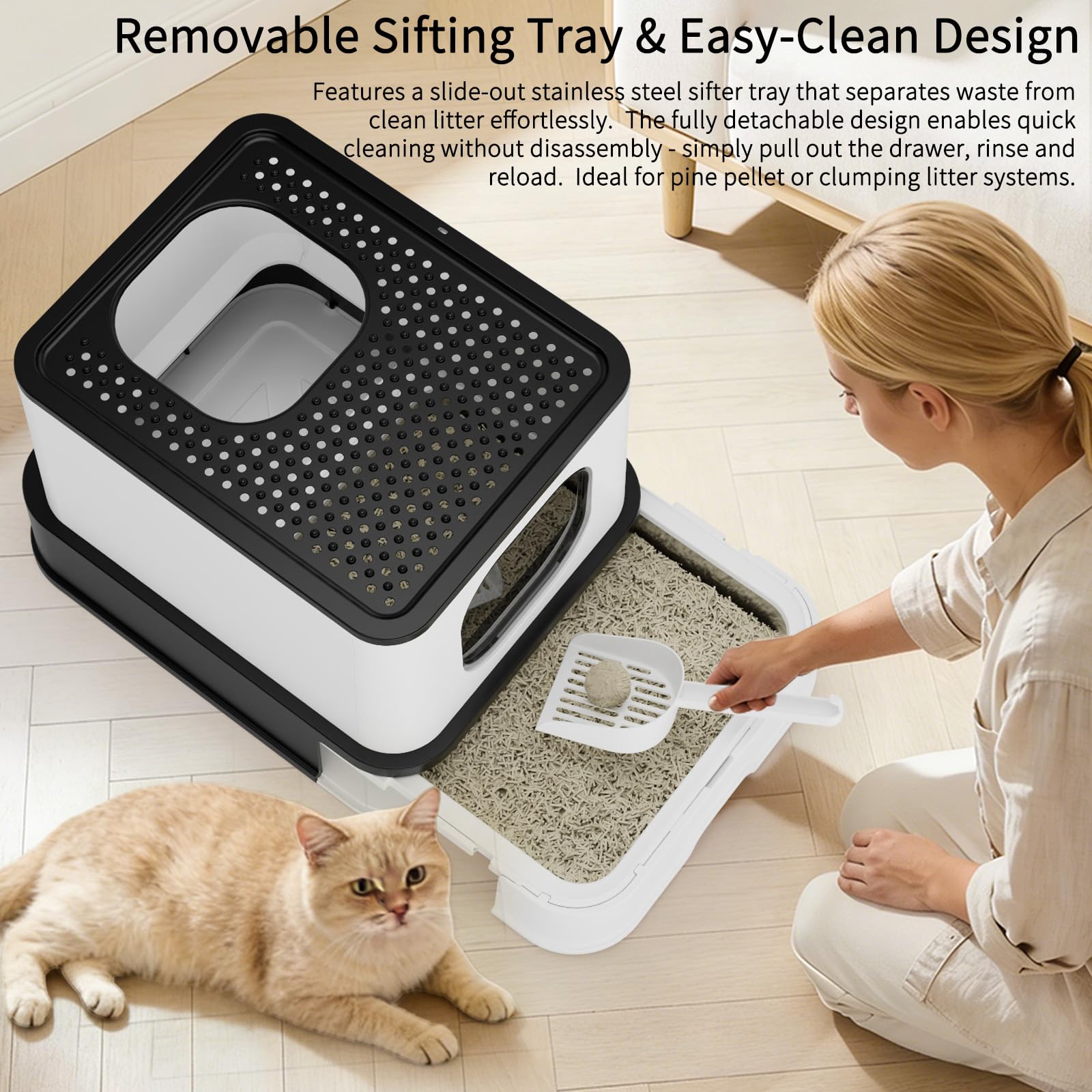 Sfozstra Grande lettiera per gatti: Lettiera chiusa a prova di perdite, in acciaio inox, per più gatti, inodore, utilizzabile in bagno (nero, L)