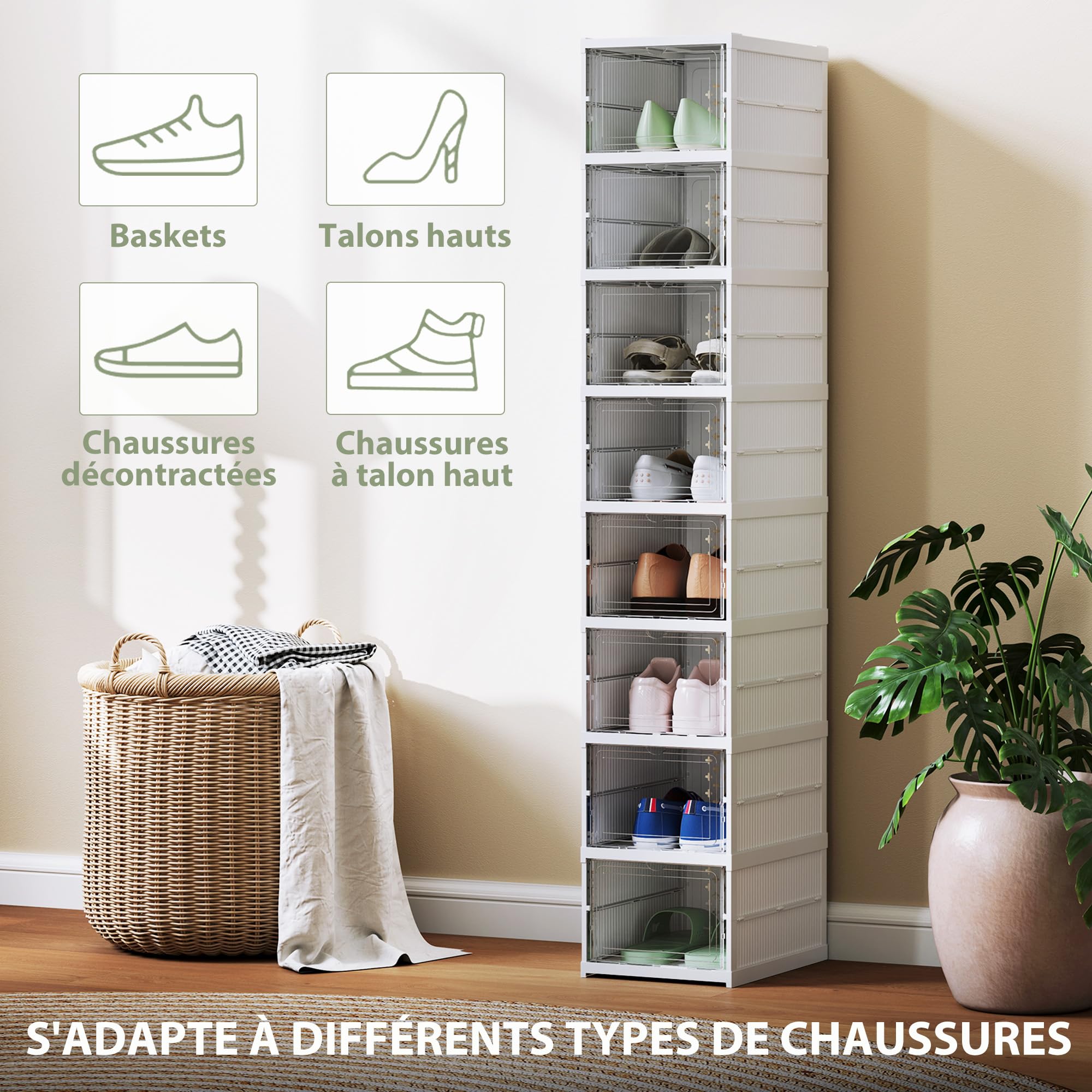 HOMCOM Lot de 8 Boîtes à Chaussures Pliables Empilables 26x35x140cm Blanc | Boîtes de Rangement pour Chaussures en Plastique, Couvercles, pour Pointure jusqu'à 43