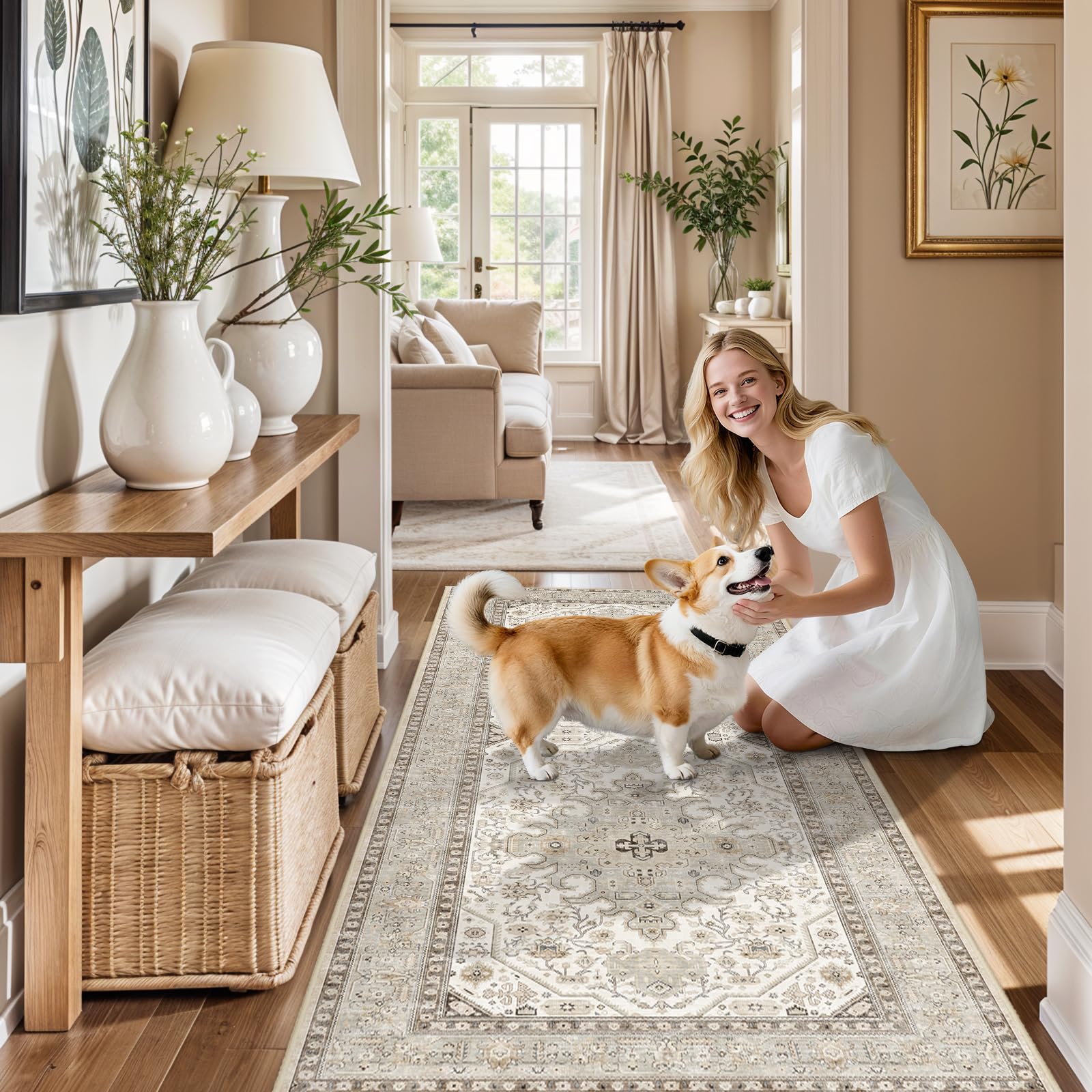 2x6 runner rug washable: non-slip oriental carpet for hallway kitchen entry - farmhouse low pile stain resistant long thin front door mat 2x6 ivory/grey/multi