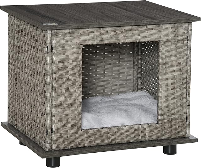 PawHut Wicker Dog House, Rattan Pet Bed, Cat House, End Table Furniture, with Soft Cushion, Adjustable Feet, for X-Small Dogs Grey, 60 x 44 x 51.5 cm