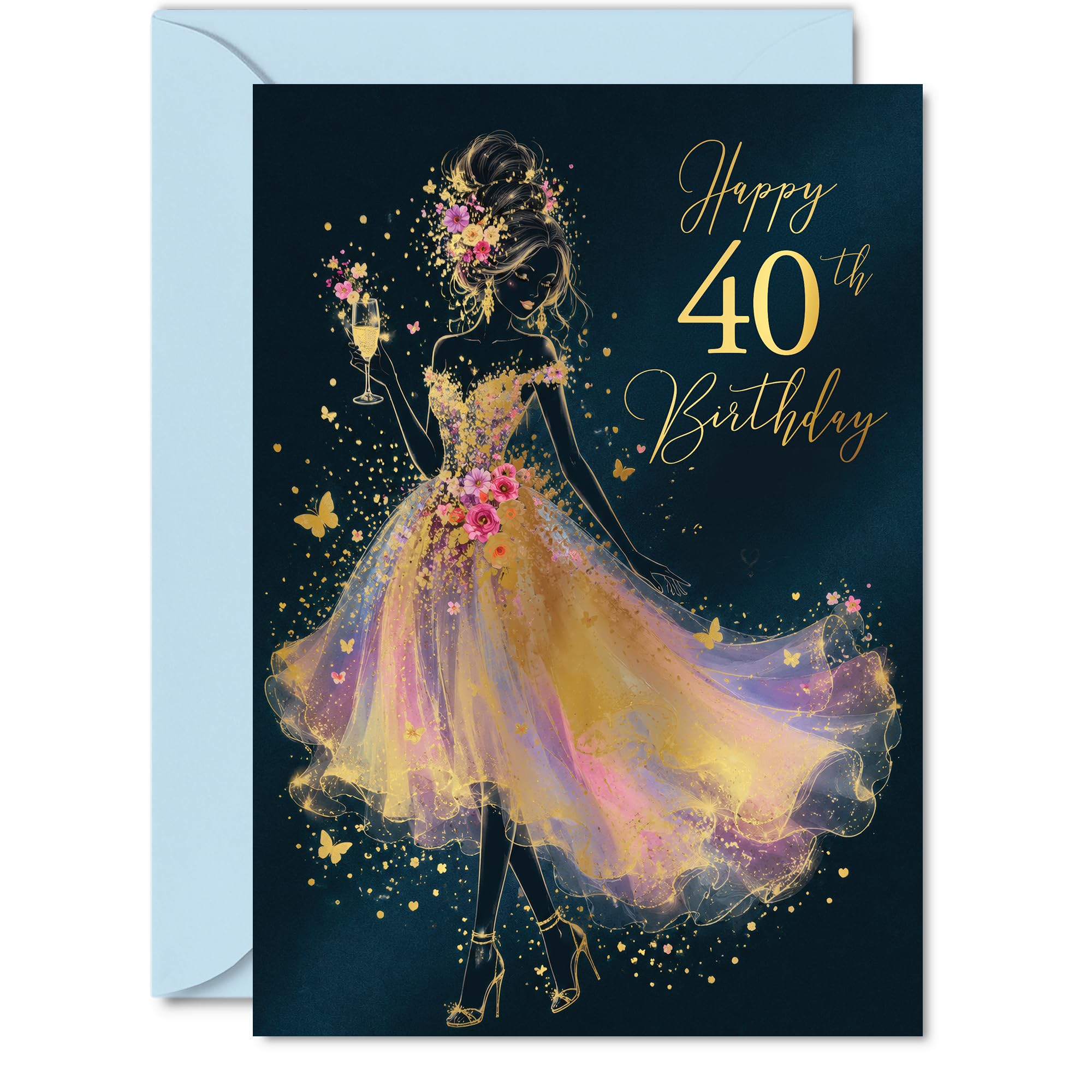 Milestone 40th Birthday Card - Raise a Glass to Fabulous at Forty - Glamorous Woman in Gold and Pink Gown with Champagne, Butterflies and Sparkles - A5, Envelope Included