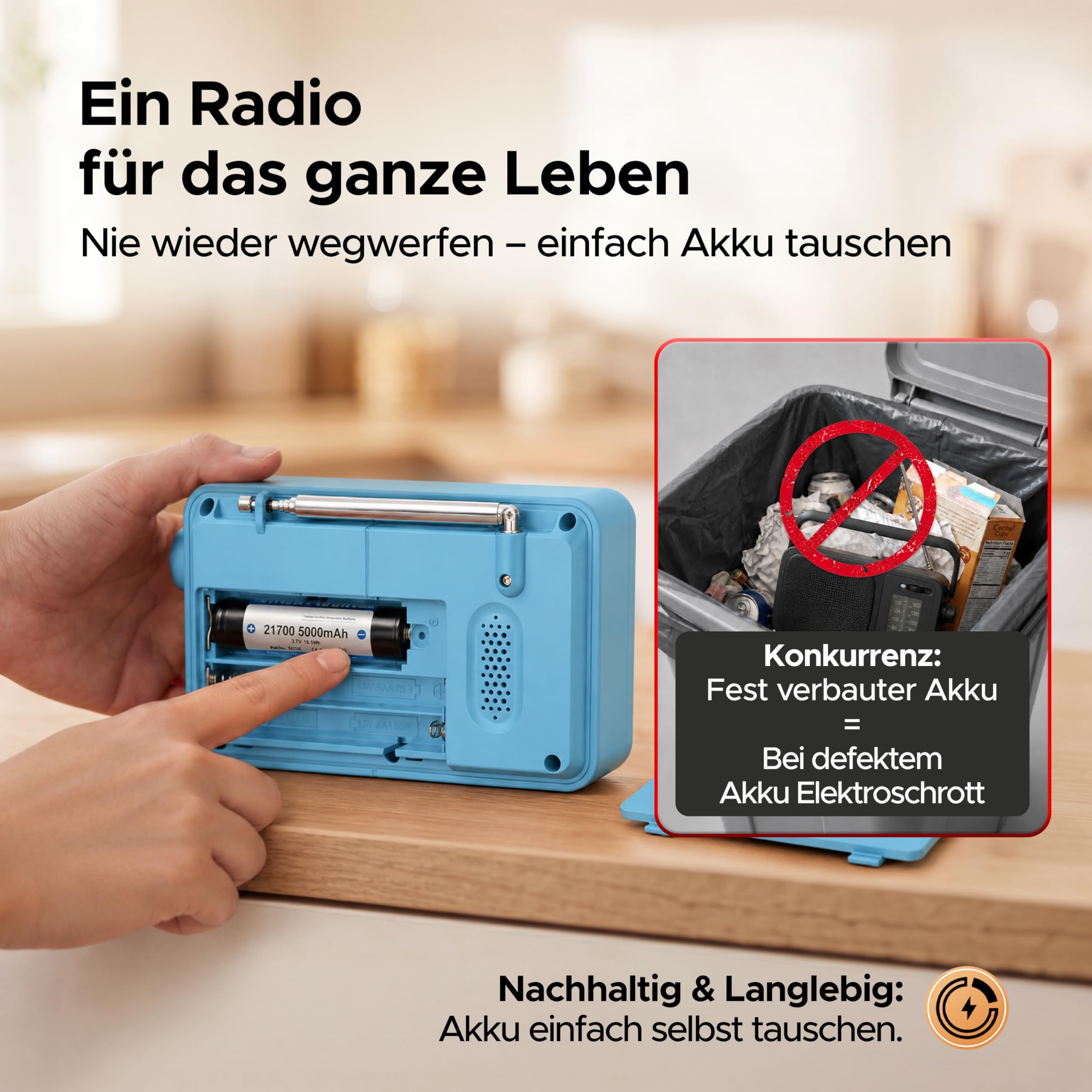 Acta Berg DAB Radio mit Akku 5000 mAh austauschbar & BT 5.3 (Baby-Blau) | DAB+/UKW-Radio, Akku austauschbar + Netzstecker, 80 Senderspeicher, USB-C, tragbares Digitalradio, mit Wecker & Timer