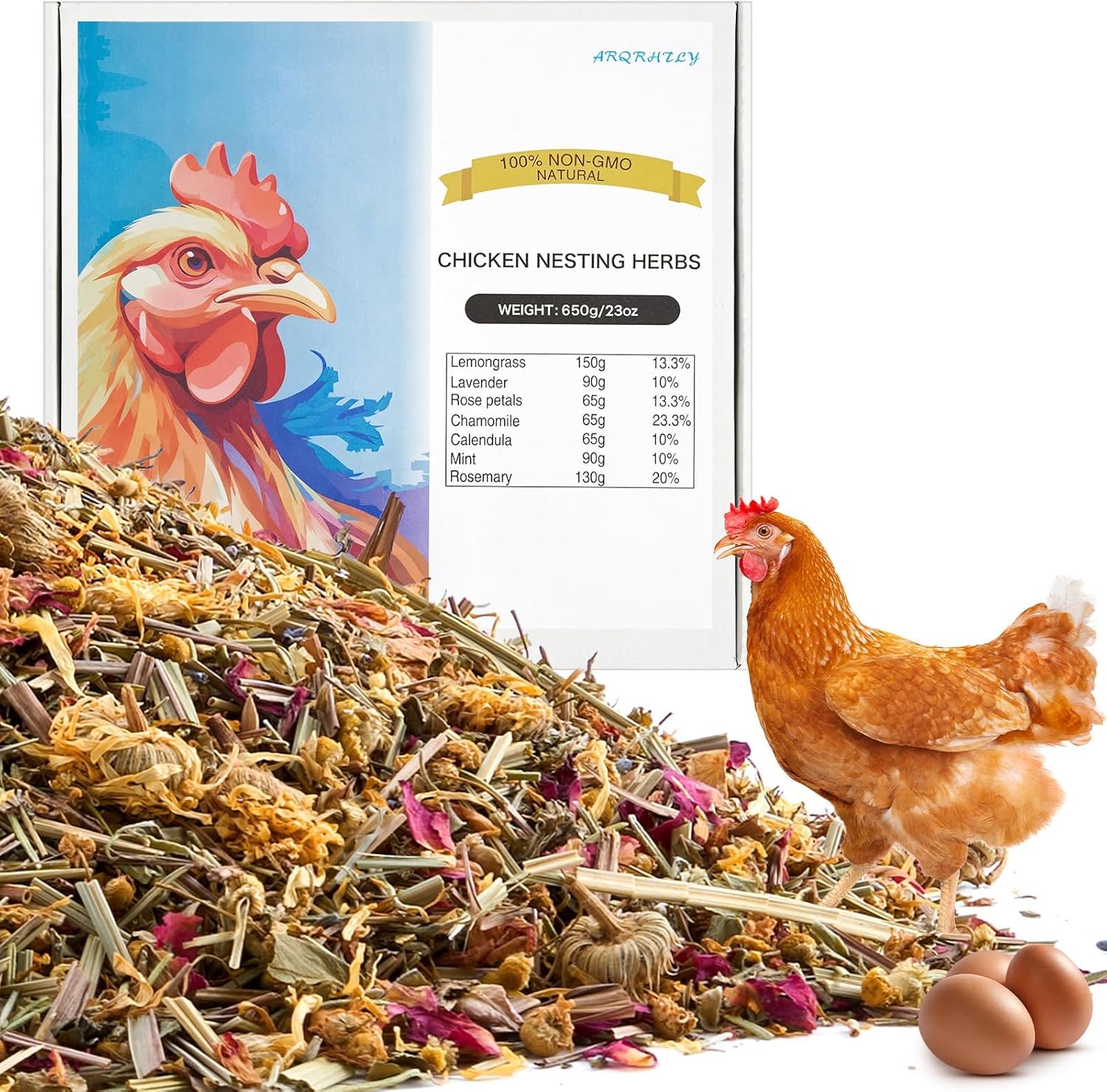 23oz Luxury Chicken Nesting Herbs, 7 Natural Floral & Herbal Blend Nesting Herbs for Chicken Coop Living Bedding, Pads, Boxes and Hen Coop Accessories, Calm Hens, Better Egg Quality