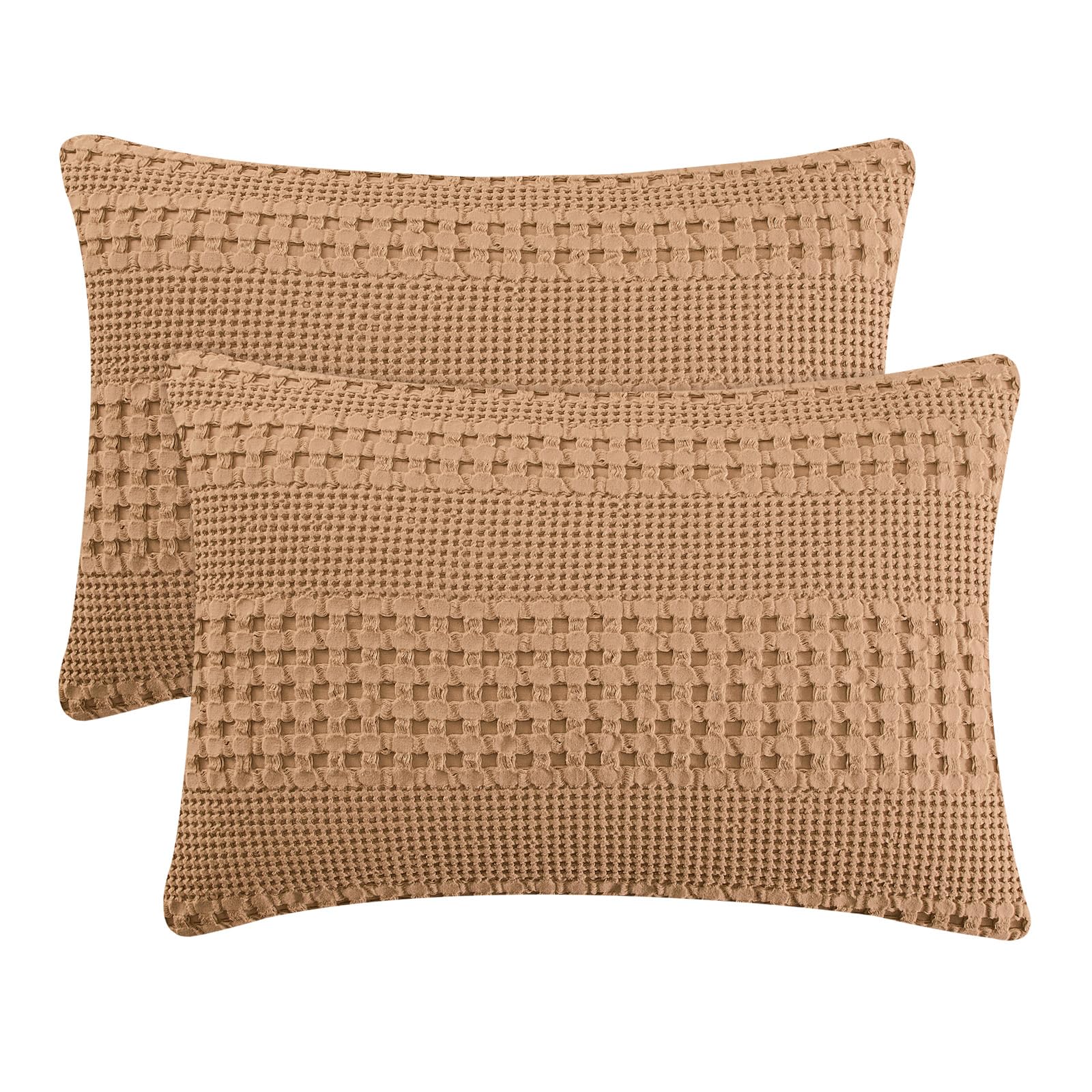 phf 100% cotton waffle pillow shams king size, 2 pack 20" x 36" soft skin-friendly pillowcases, no filling, aesthetic woven and breathable waffle weave pillow case covers for bed, clay