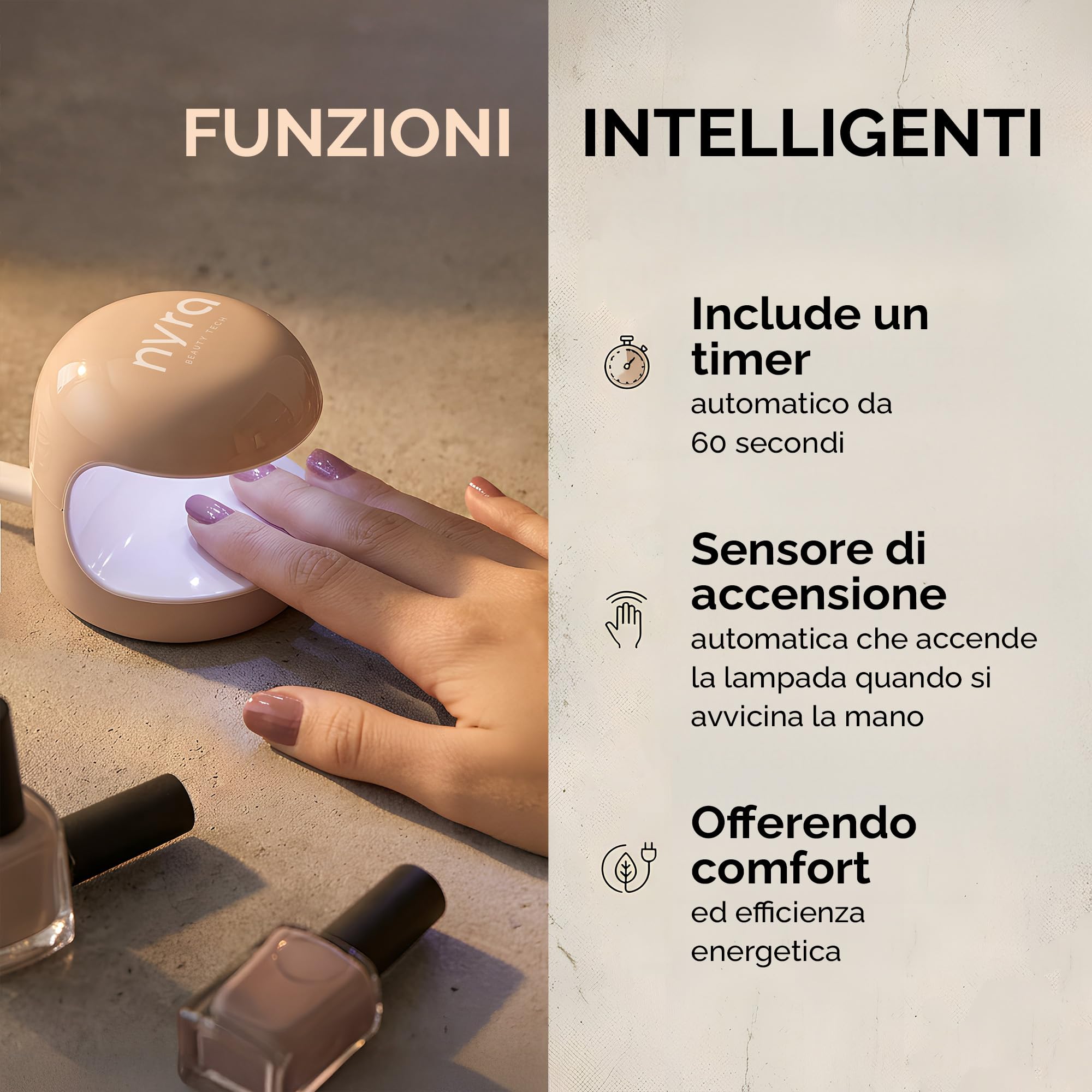 Nyra Mini Lampada per Unghie UV/LED, 5W, Asciugatore Ultracompatto con 5 LED, Timer 60s, Sensore Automatico, Alimentazione USB, per Smalto Gel