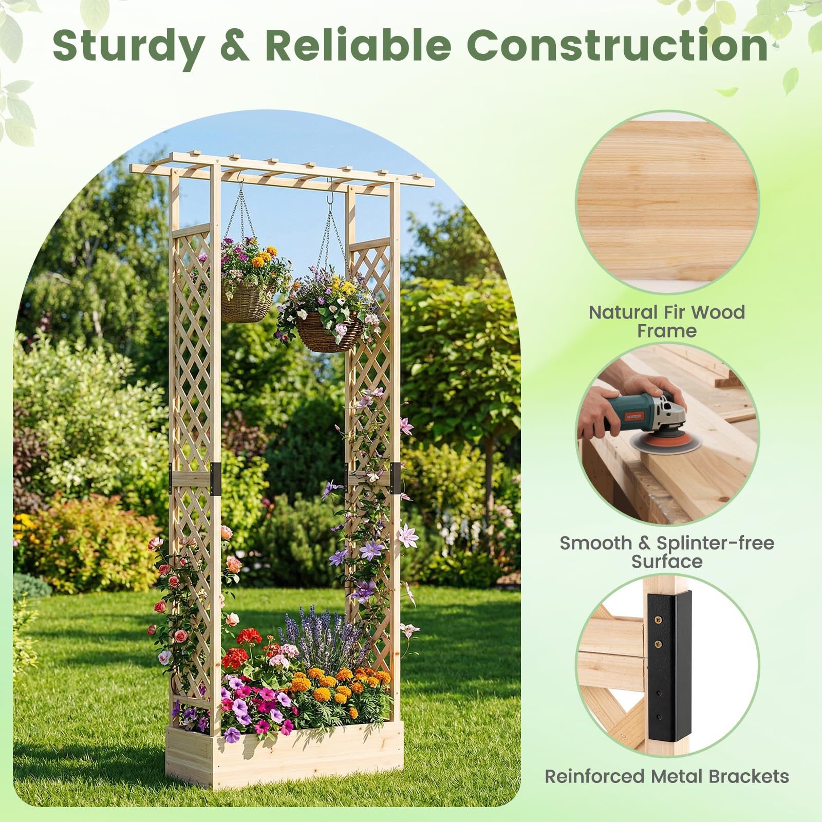 FANTASK Blumenkasten mit Rankgitter, 110 x 35 x 227 cm, Hochbeet mit Spalier für Kletterpflanzen & hängende Körbe, Pflanzkasten mit hängendem Dach, Pflanzkübel für Garten Hof Terrasse (Natur)