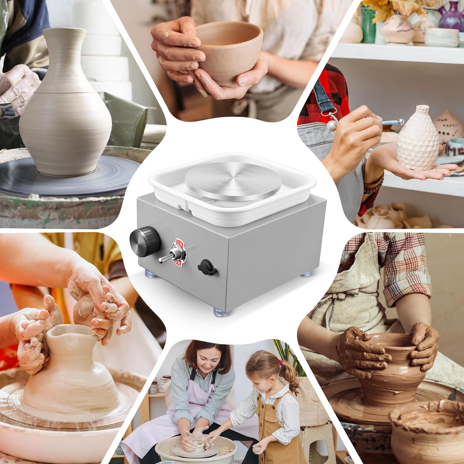 Torno Alfarero, Torno Ceramica 2000RPM Velocidad Ajustable con Placas de 6,5/10 cm, Herramientas de Modelado y Cuenco Extraíble, Torno Alfarero Niños y Adultos, Gris