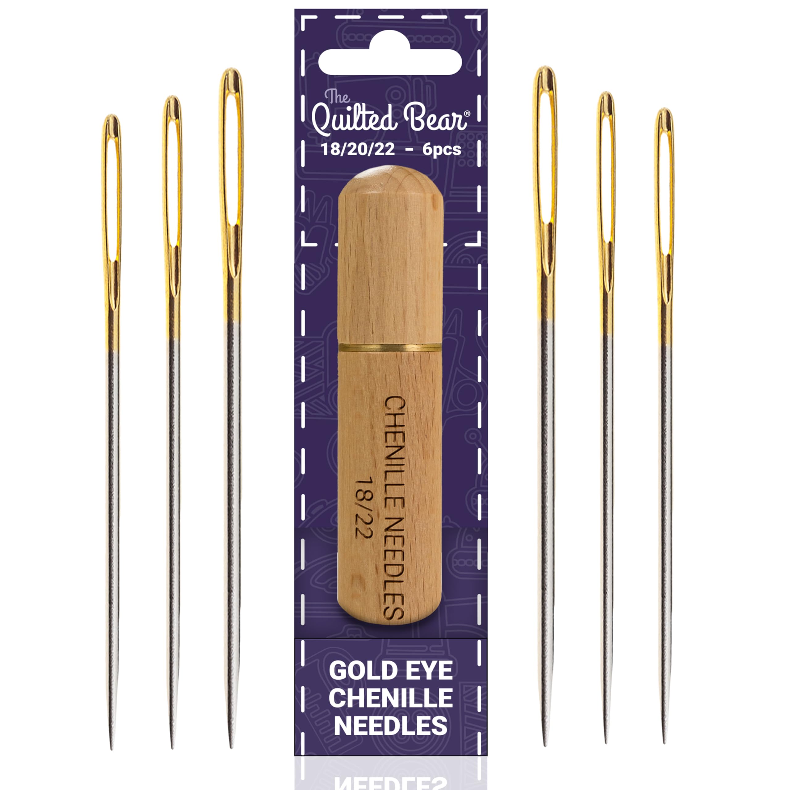 The Quilted Bear Gold Eye Chenille Needles Sizes 18/20/22-6 Large Eye Sharp Point Chenille Needles in a Premium Engraved Wooden Case for Hand Sewing & Embroidery (Sizes 18/20/22)