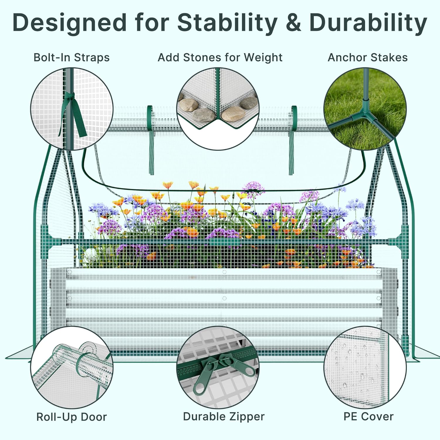Miory Raised Garden Bed with Cover, 3.9x2.5x1ft Galvanized Steel Planter with Mini Greenhouse Cover, Dual Zippered Screen Windows, Open Base for Vegetable Gardening