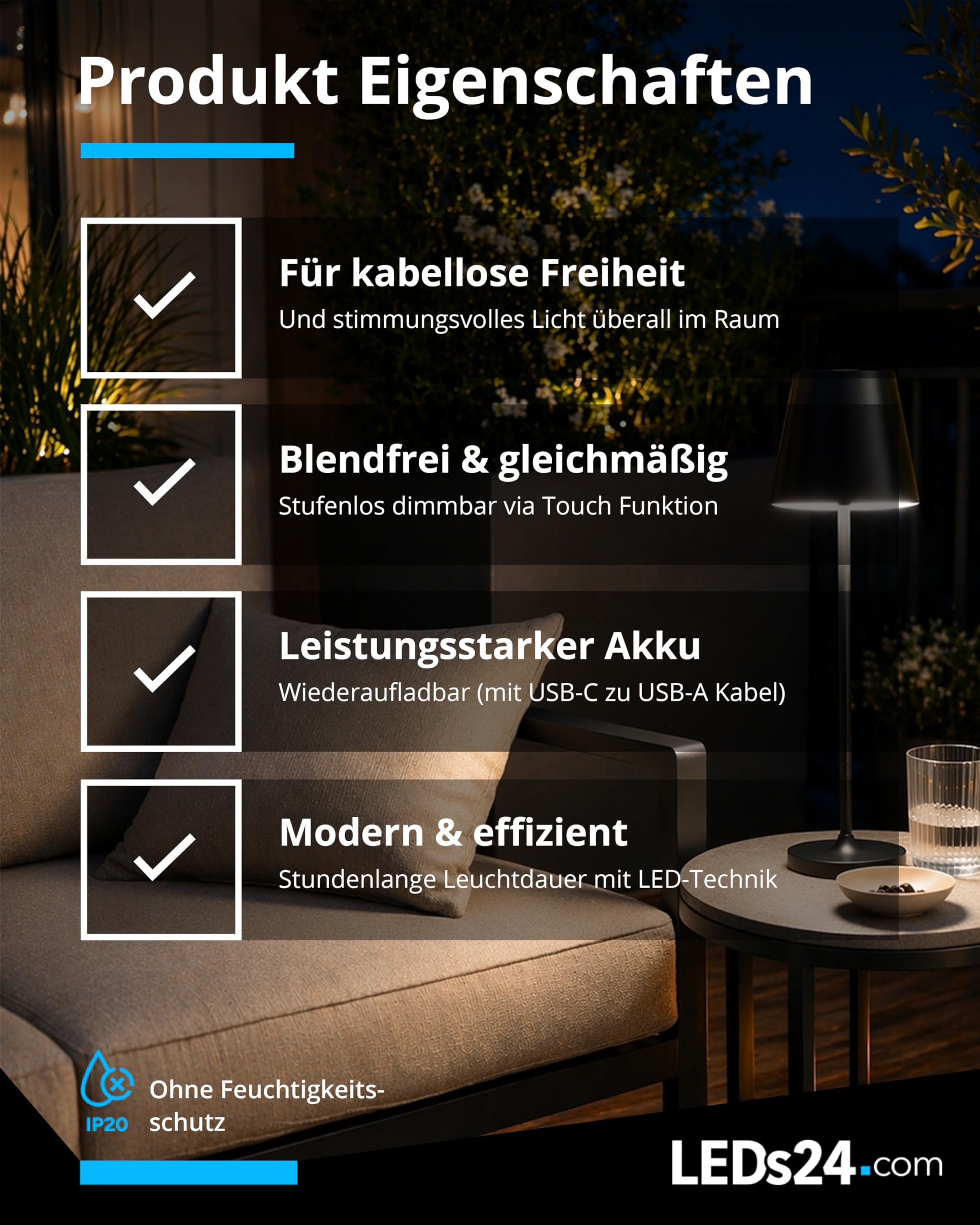 LED Tischlampe Kabellos Outdoor - Höhenverstellbare Akku Tischleuchte IP54 Dimmbar Touch mit USB-C-Kabel - für Terrasse, Wohnzimmer, Schlafzimmer, Kinderzimmer, Gastro & Hotel (schwarz)