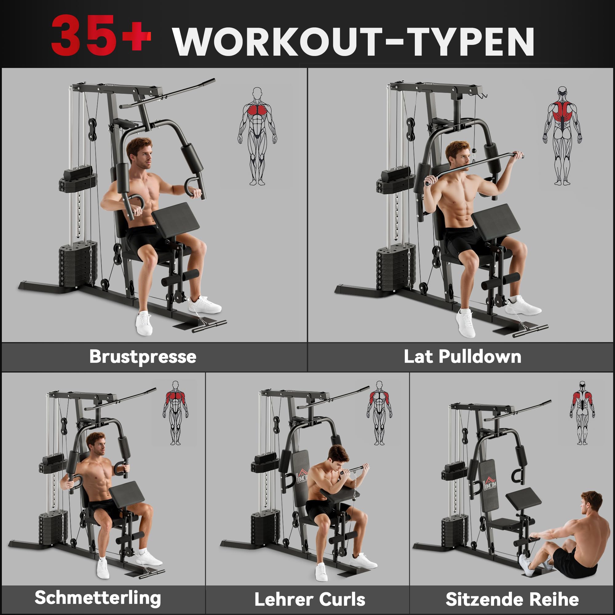 HOMCOM Kompakte Kraftstation, Multifunktionale Fitnessstation, Multistation mit Butterfly, Bizepscurl, Latzug, Beinstrecker, 45 kg Gewichtsblock Krafttraining Schwarz