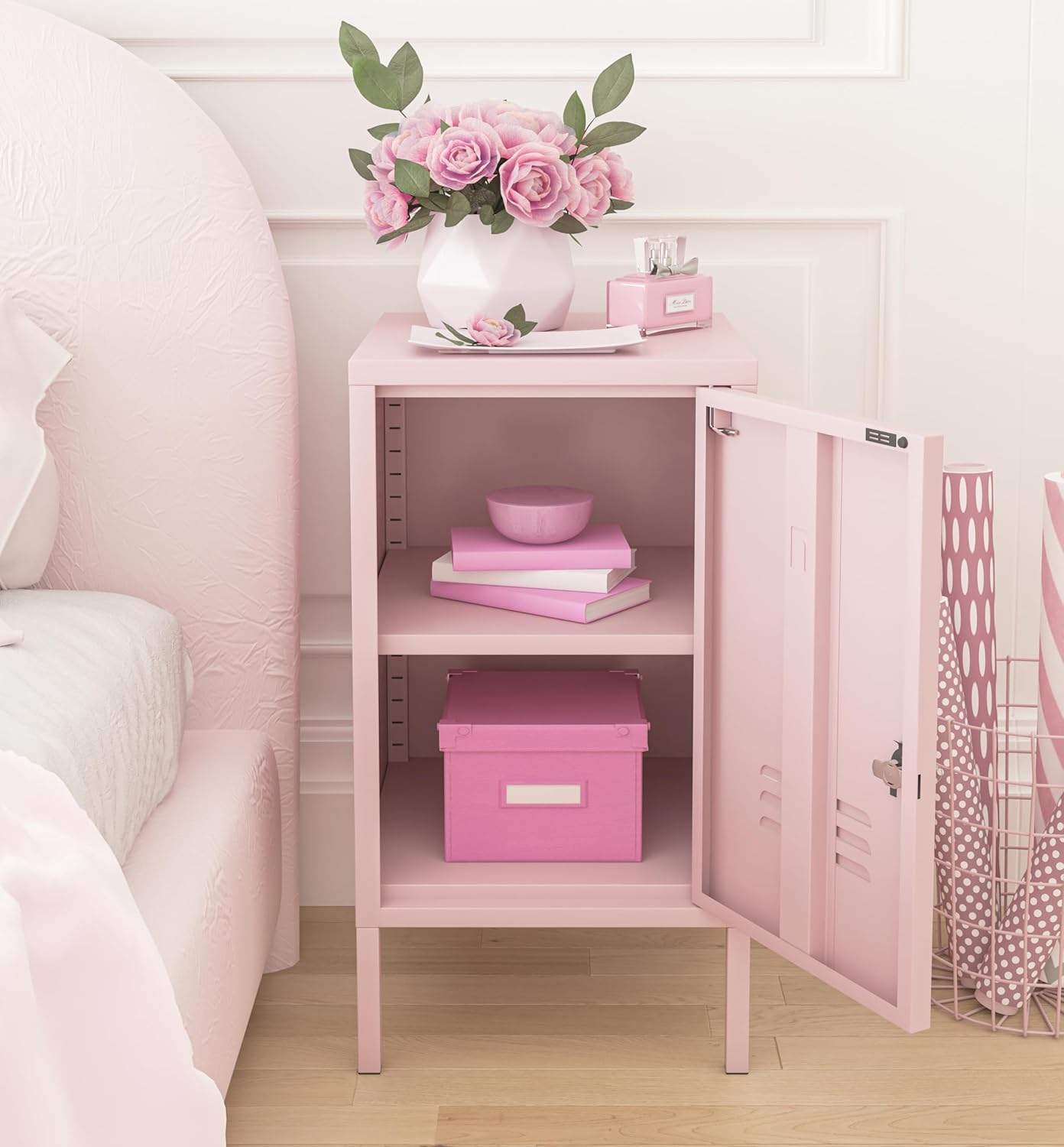 Single Door Lockable Metal End Table with Storage Cabinet, 2-Tier Children's Nightstand with Adjustable Shelf, Easy Assembly Side Table for Home Office Entryway Hallway Pink