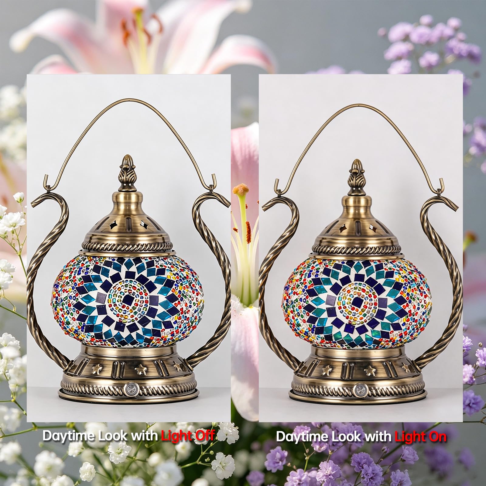 Lampada da tavolo a mosaico turco, realizzata a mano, in vetro colorato, con manico, stile Tiffany, lampada da comodino bohémien, ricaricabile tramite USB, lanterna marocchina, per decorazione camera