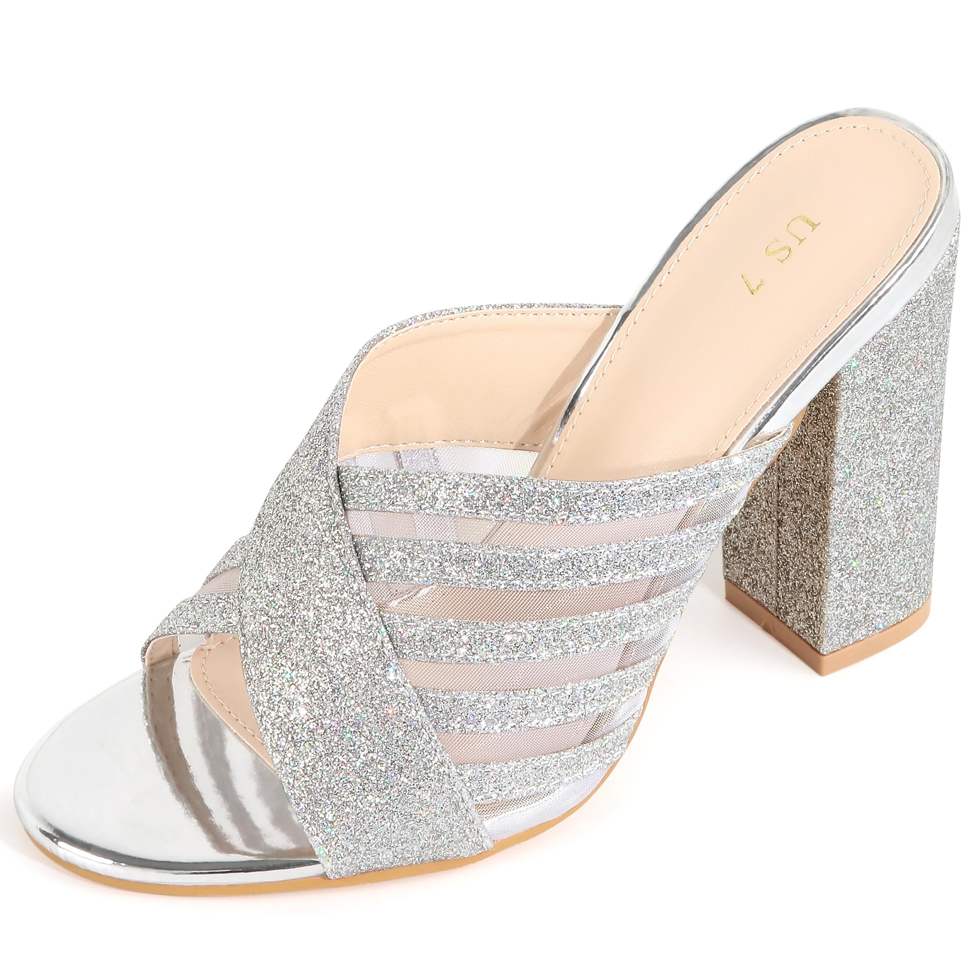 Allegra K Women's Glitter Mesh Slip on Chunky Heel Slide Sandals