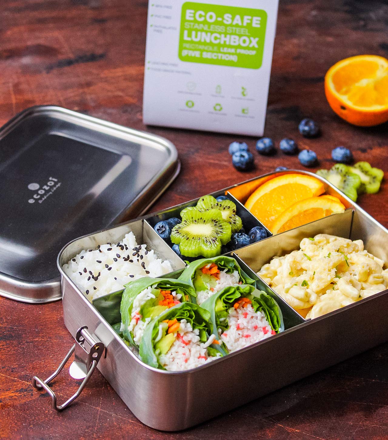 ecozoi Leak Proof Extra Long Stainless Steel 5 Compartment Eco Lunch Box | REDESIGNED Silicone Seal | Sustainable Zero Waste Eco Friendly Bento Box Food Storage Container