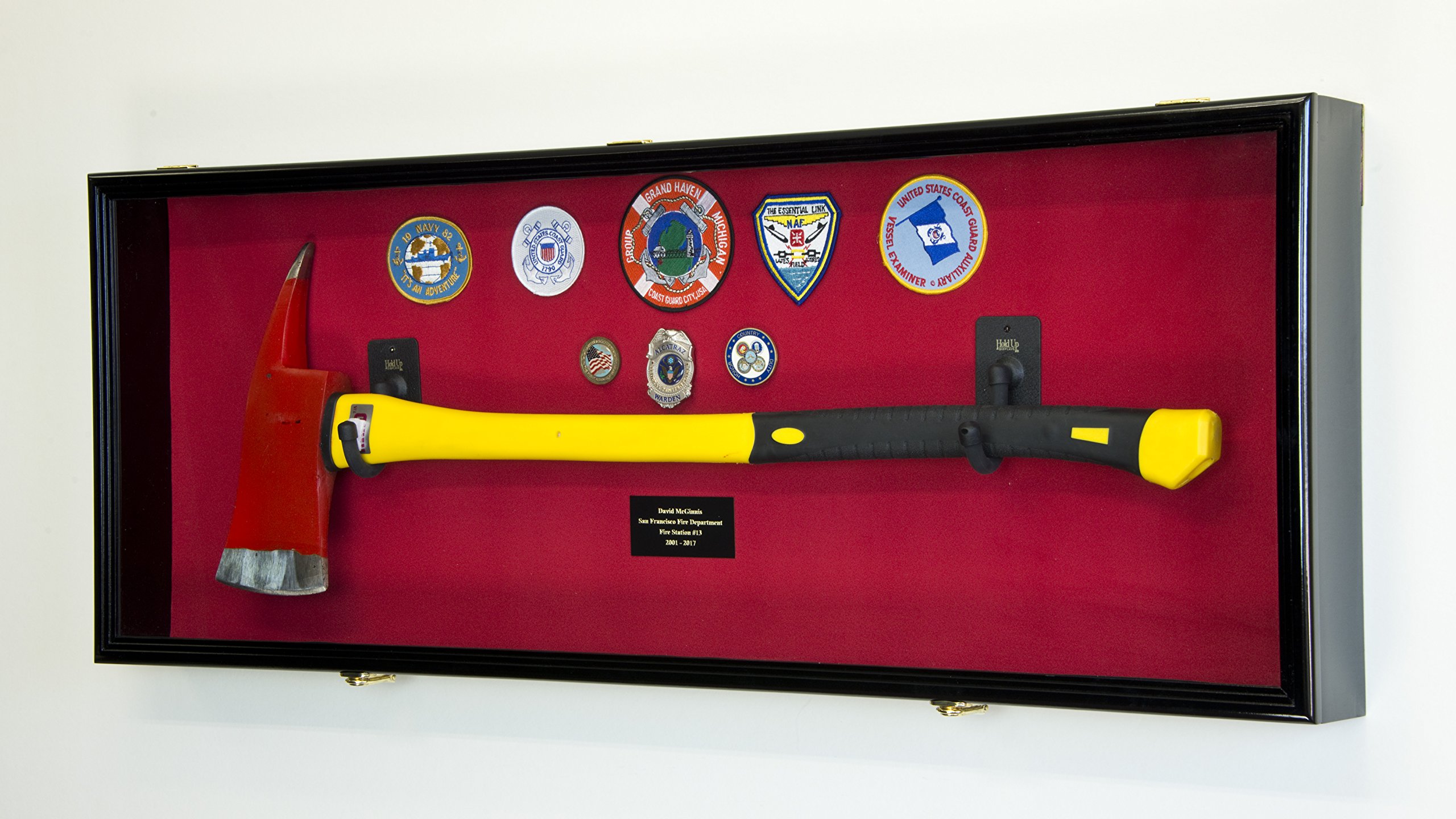Firefighter Fireman Axe Display Case Cabinet Holder - 98% UV Lockable (Black Wood Finish, Red Background)