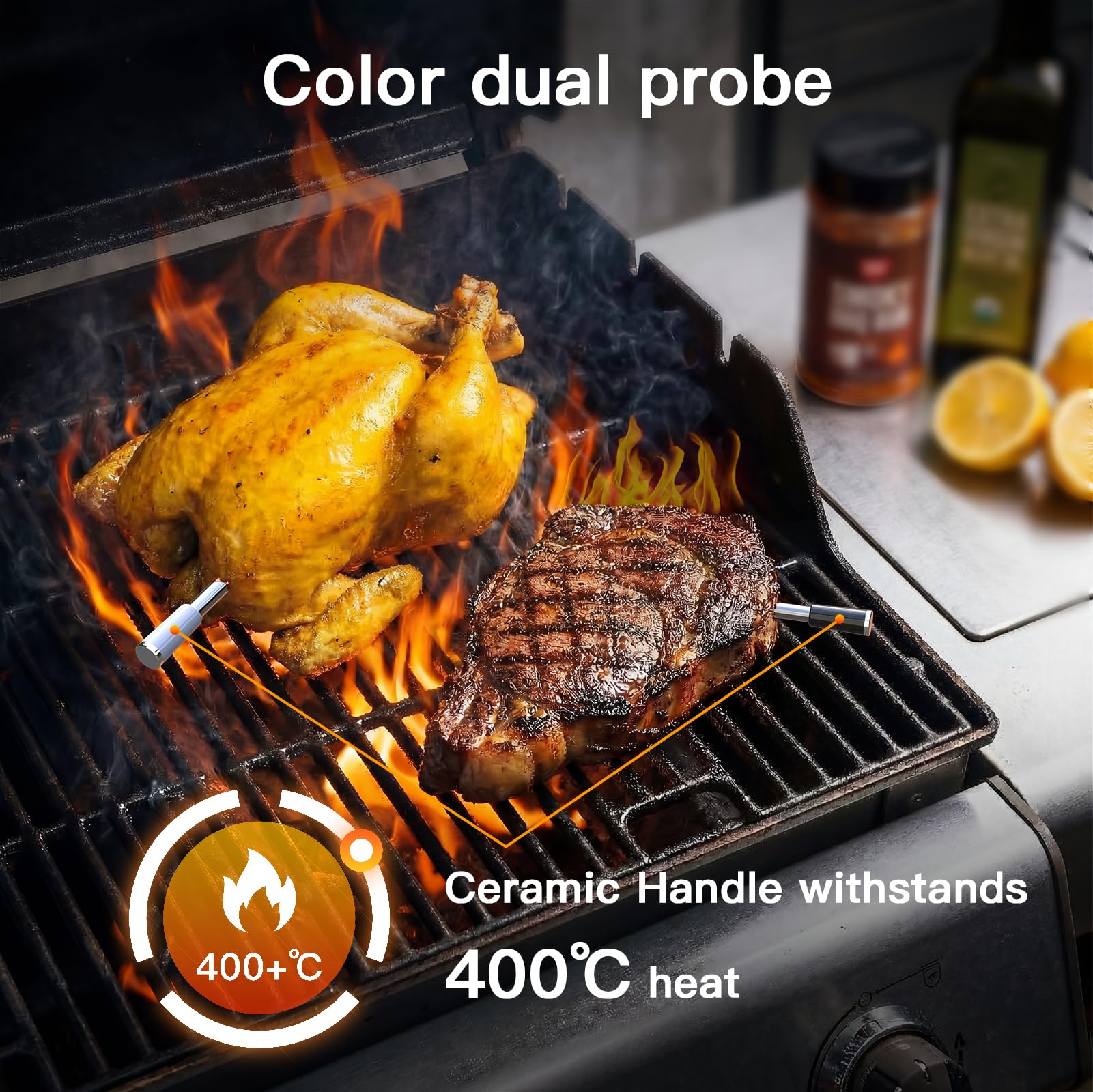 BFOUR Termometro per carne, termometro con 2 sonde intelligenti, monitoraggio tramite app con timer e allarme, impermeabile e resistente al calore, termometro per barbecue, forno, barbecue