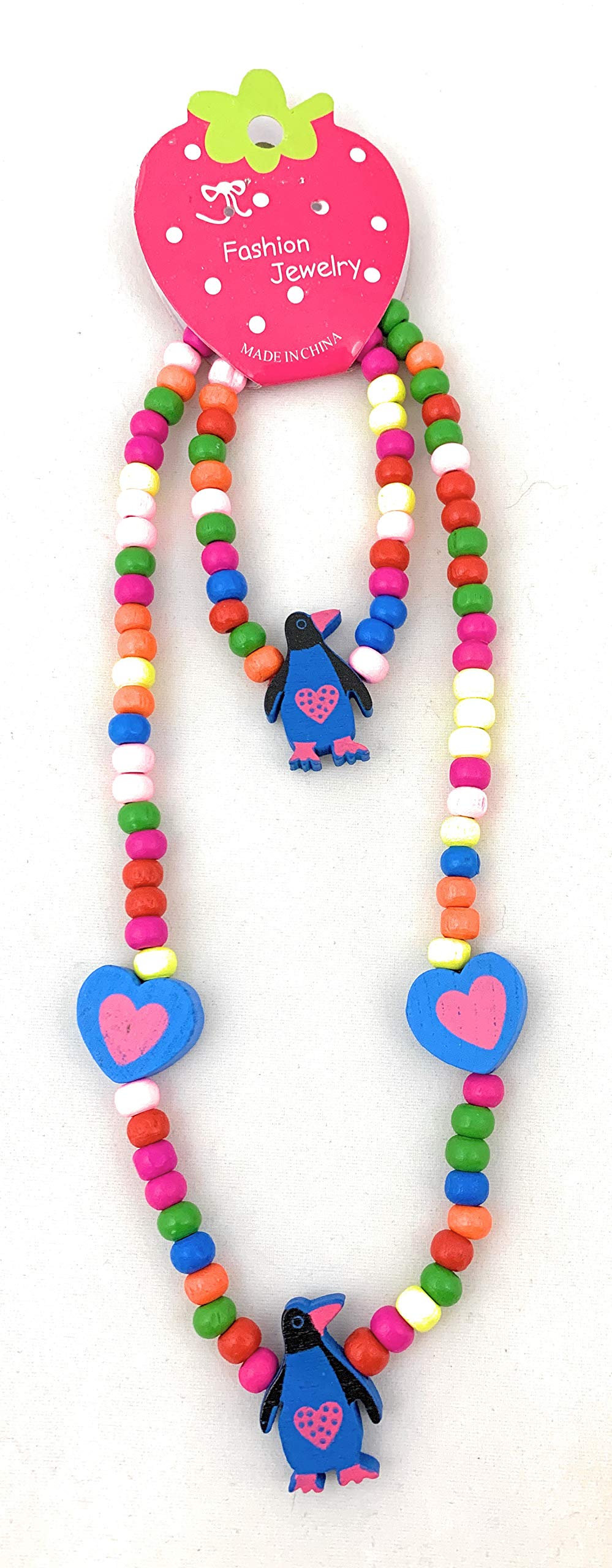 Spinnaker Collection Kids Wooden Blue Penguin Necklace and Bracelet Set - Elastic 15 inches- Girls Love Bead Accessories - Play Jewelry