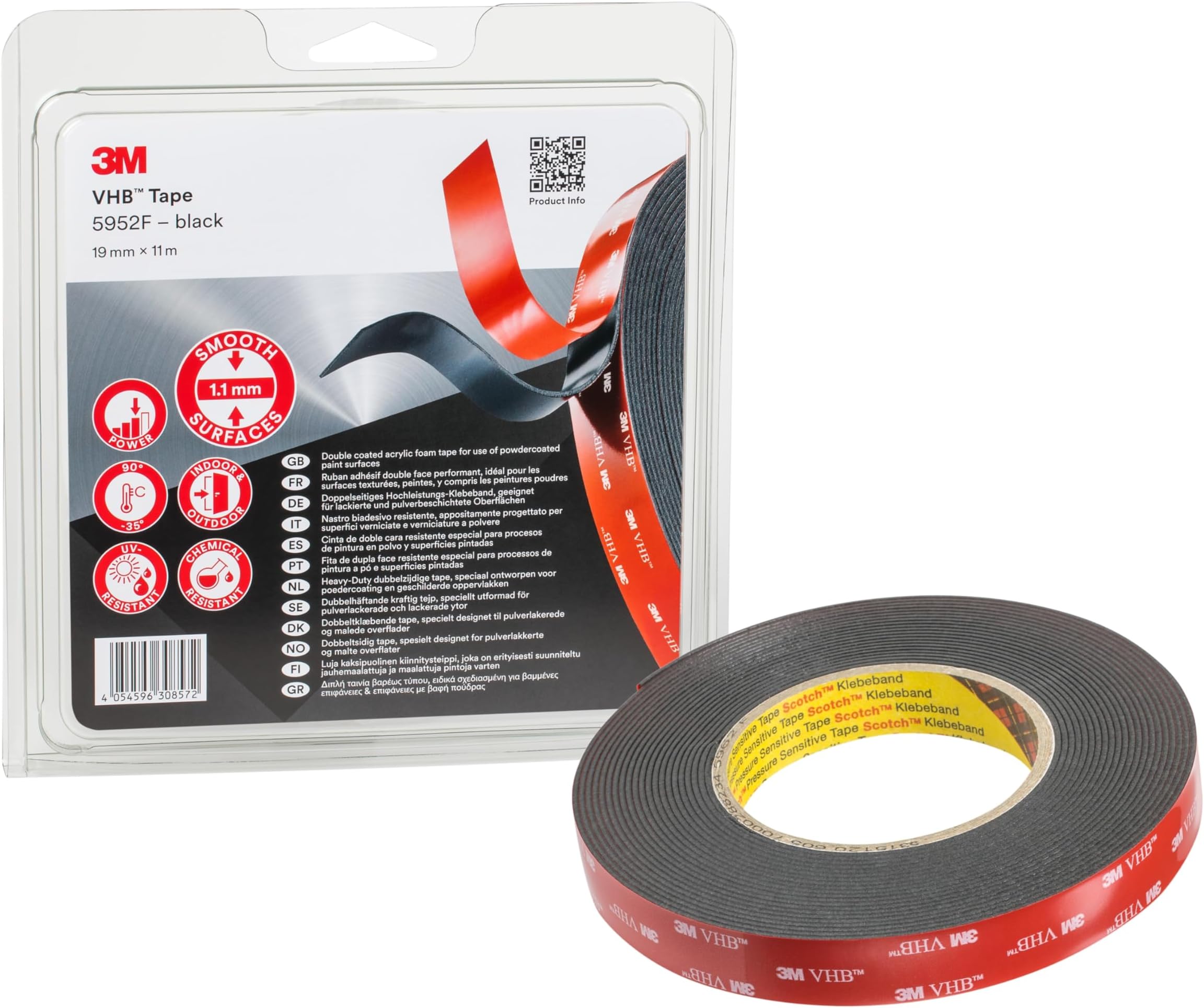 – 3M VHB 5952F Double Sided Adhesive Tape - Provides adhesion to most powder coated paints, metals, glass, sealed wood, acrylic, polycarbonate and ABS - 19mm x 11m, Thickness 1.1mm, Black (1 Roll)