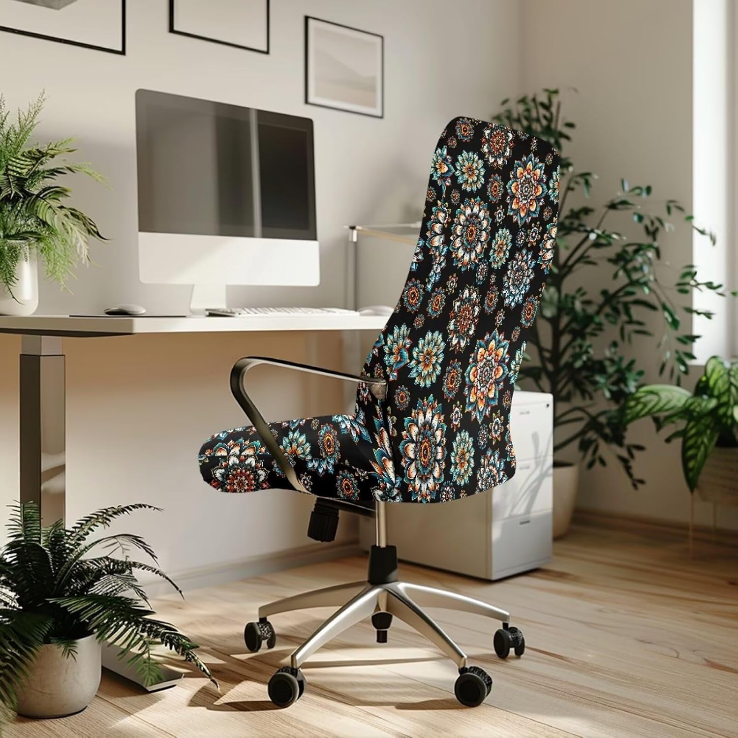 Office Chair Cover Washable Computer Chair Slipcover Stretch Gaming Chair Cover Dust-Proof Removable Boss Chair Slipcover for Home Office Decor, L, Boho Flower Black