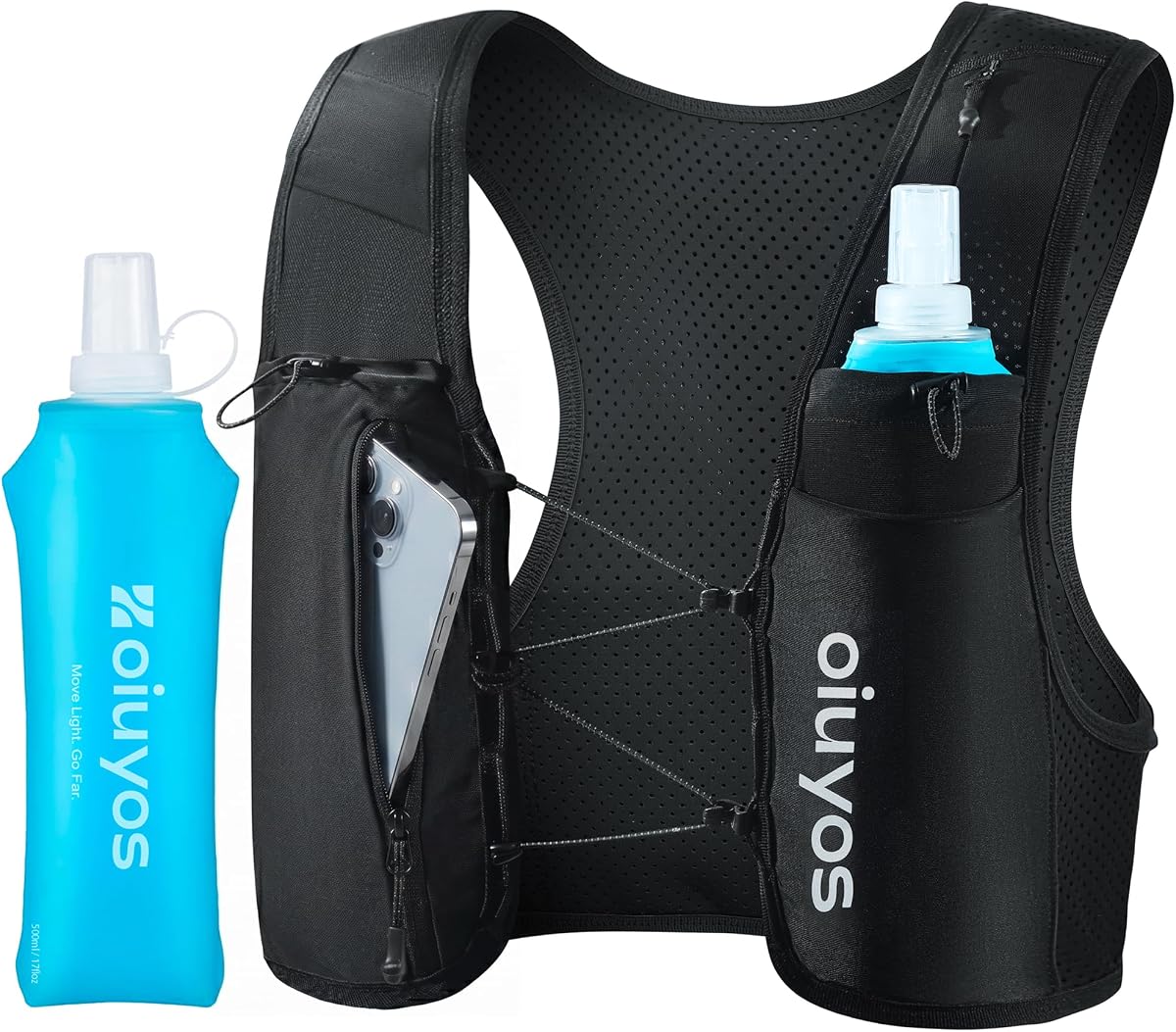 Chaleco para correr para mujeres y hombres - Chaleco de hidratación para correr con correas ajustables en el pecho con petaca blanda de 500 ml y soporte para teléfono - Mochila de hidratación reflectante ligera para corredores Marathon Essentials