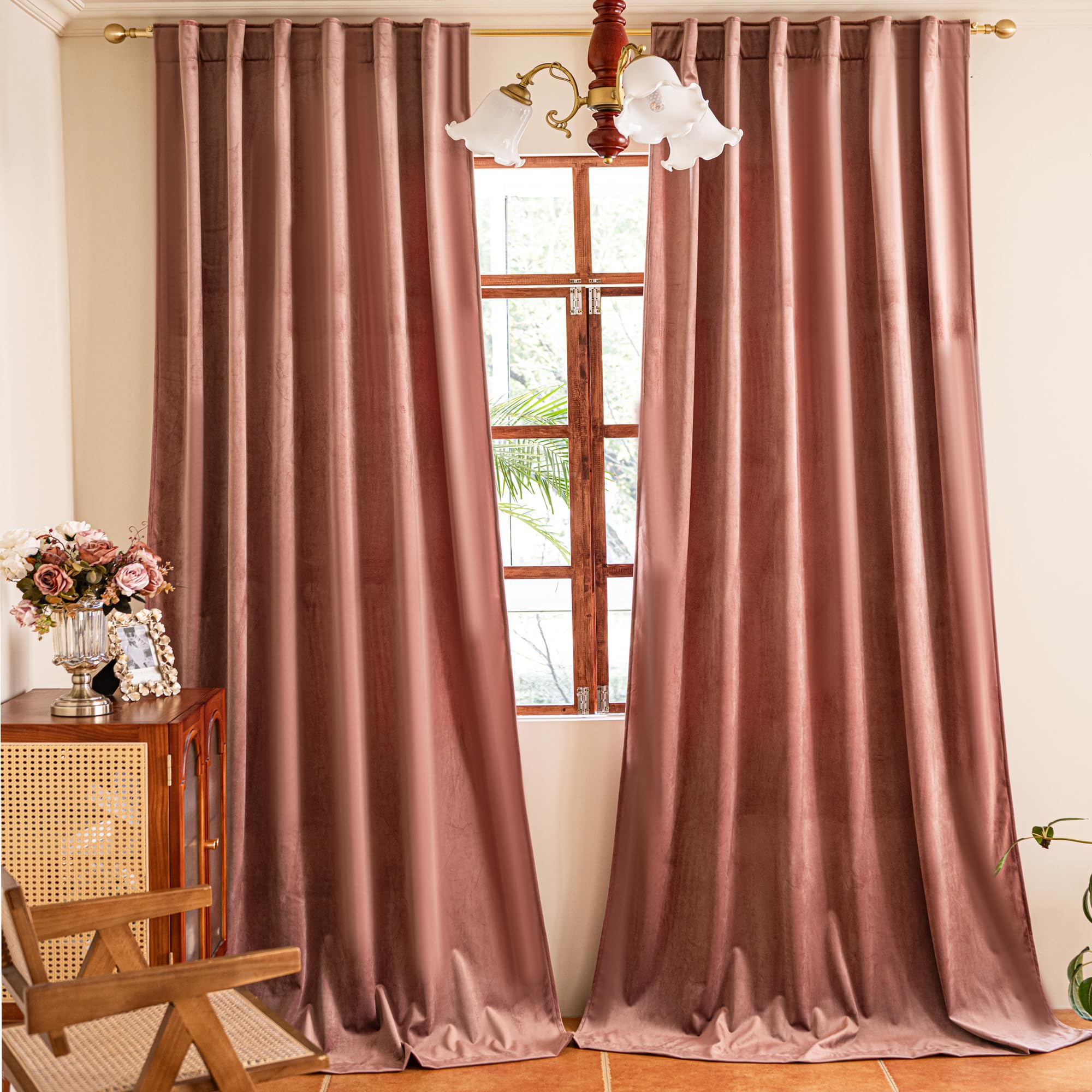 YOFUN 120 inches 2 Panels, Wild Rose Blackout Luxury Velvet Curtains Thermal Insulated Heat Block Soundproof Window Panels Soft Drapes for Bedroom Living Room, Rod Pocket & Back Tab, W52 x L120