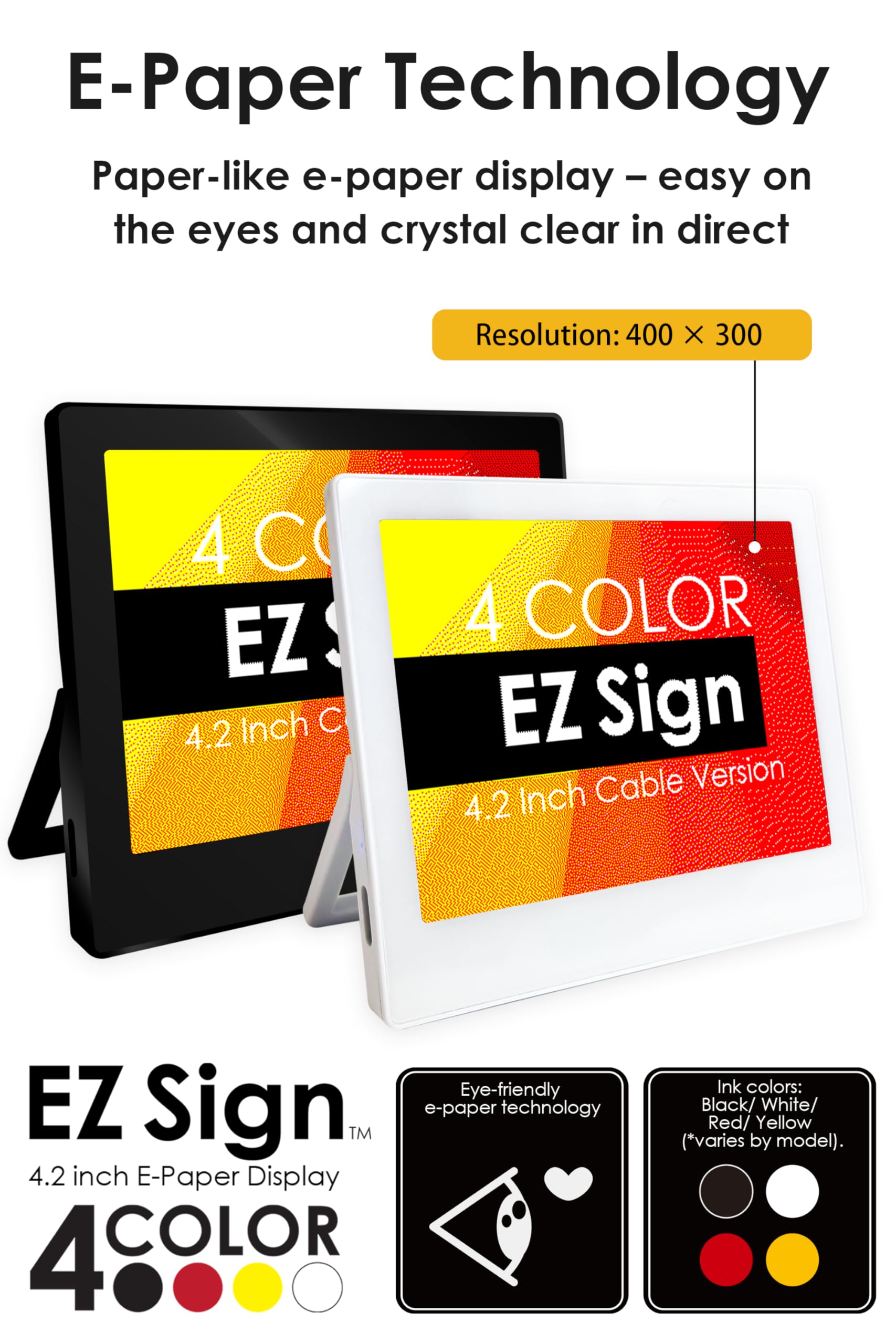 [Santek] EZ Sign 10,7 cm EPaper Display | 4-farbiges, wiederbeschreibbares kleines digitales Schild mit Ständer | E-Ink-Display für Wohnheim und Wohnungsdekoration | Airbnb-Willkommensschilder |