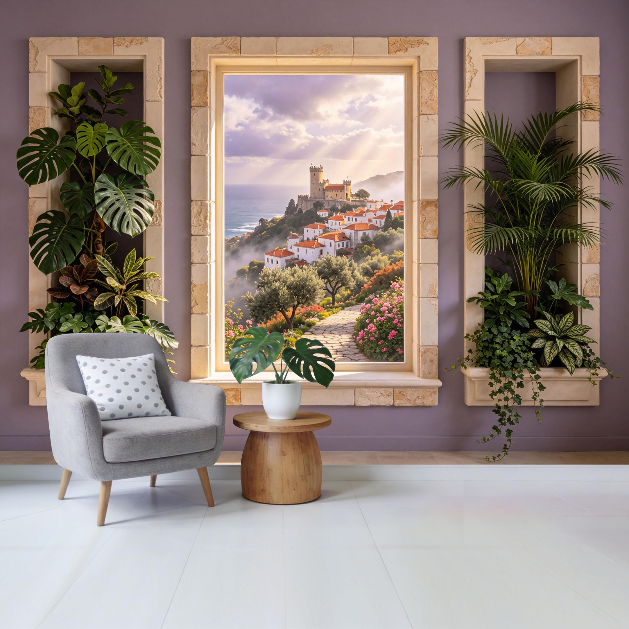 Removable Self Adhesive Fabric Mural， 3D Mediterranean Coastal Castle Landscape Custom Size Wall Covering， UV Protected Waterproof Washable Wall Decor for Living Room Bedroom Bathroom