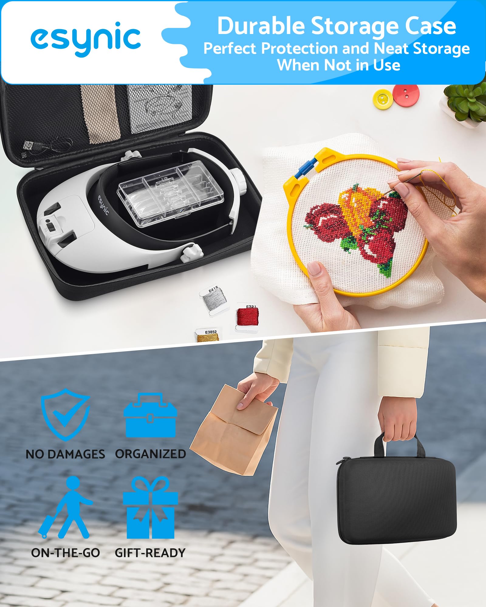 eSynic Lente d'ingrandimento con 8 LED, lente d'ingrandimento 1X-6X ricaricabile, con custodia, 5 lenti, lampada regolabile per testa calda e fredda per hobby, lettura, artigianato, ecc