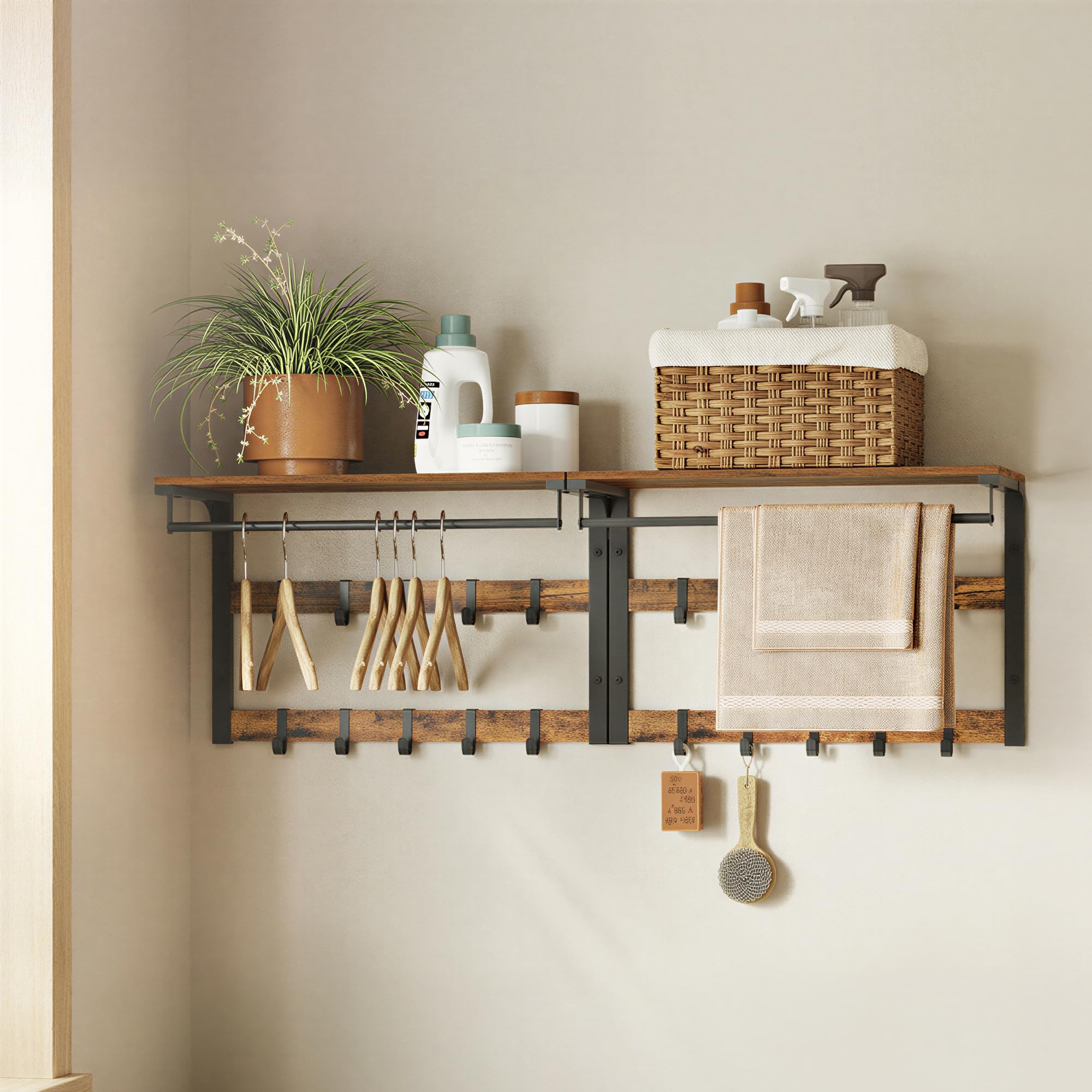 VASAGLE Wandgarderobe 2er Set, mit Ablage, Wandregal mit 10 abnehmbaren Haken, Hängeregal, Wandmontage, 2 Garderobenleisten, Kleiderstange, für Flur, Schlafzimmer, Badezimmer, vintagebraun-schwarz