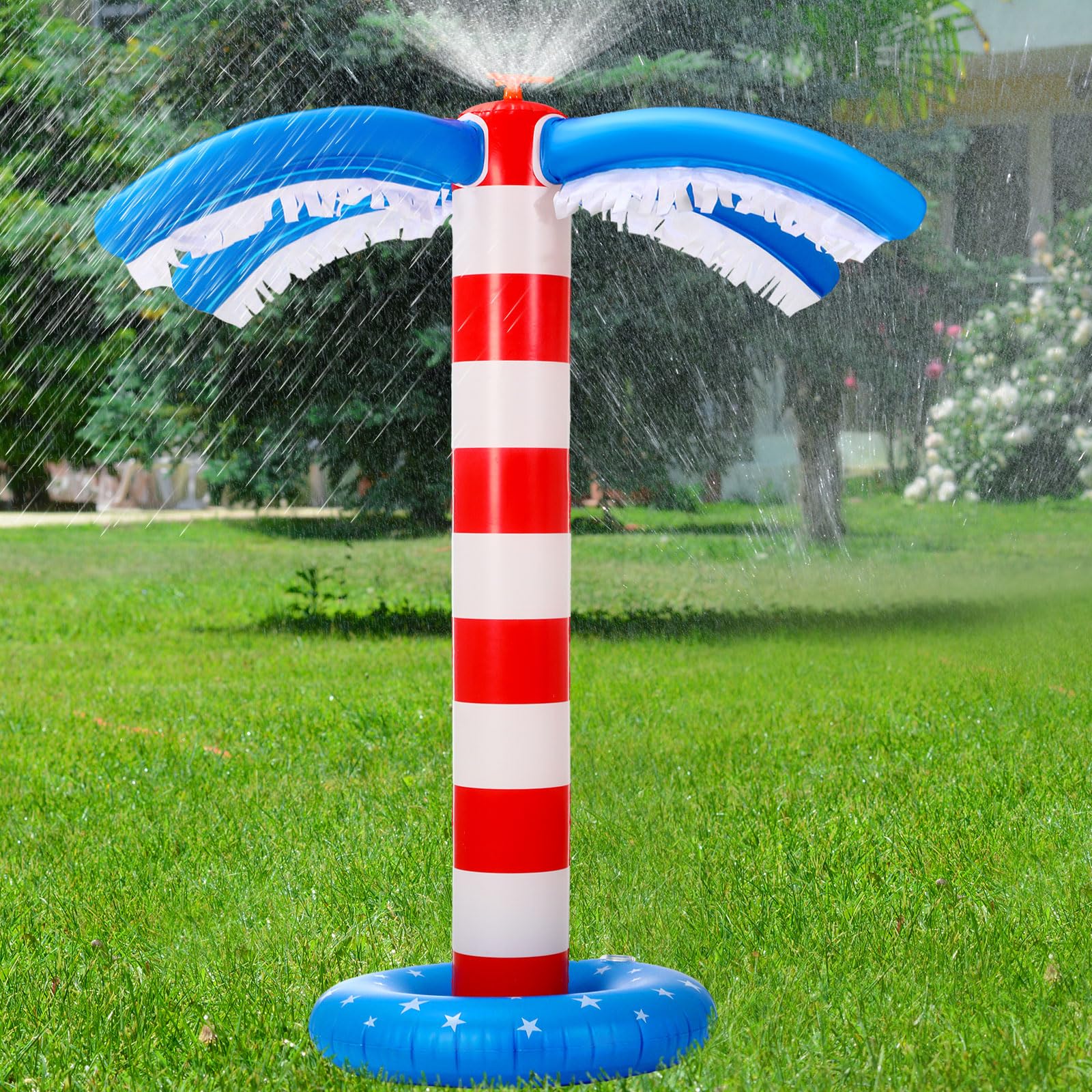 4th of July Inflatable Sprinkler 59 x 20. 5 Inch American Flag Sprinkler Independence Day Outdoor Water Game Patriotic Red Blue Backyard Decoration Summer Palm Tree Decor for Yard Hawaiian Party