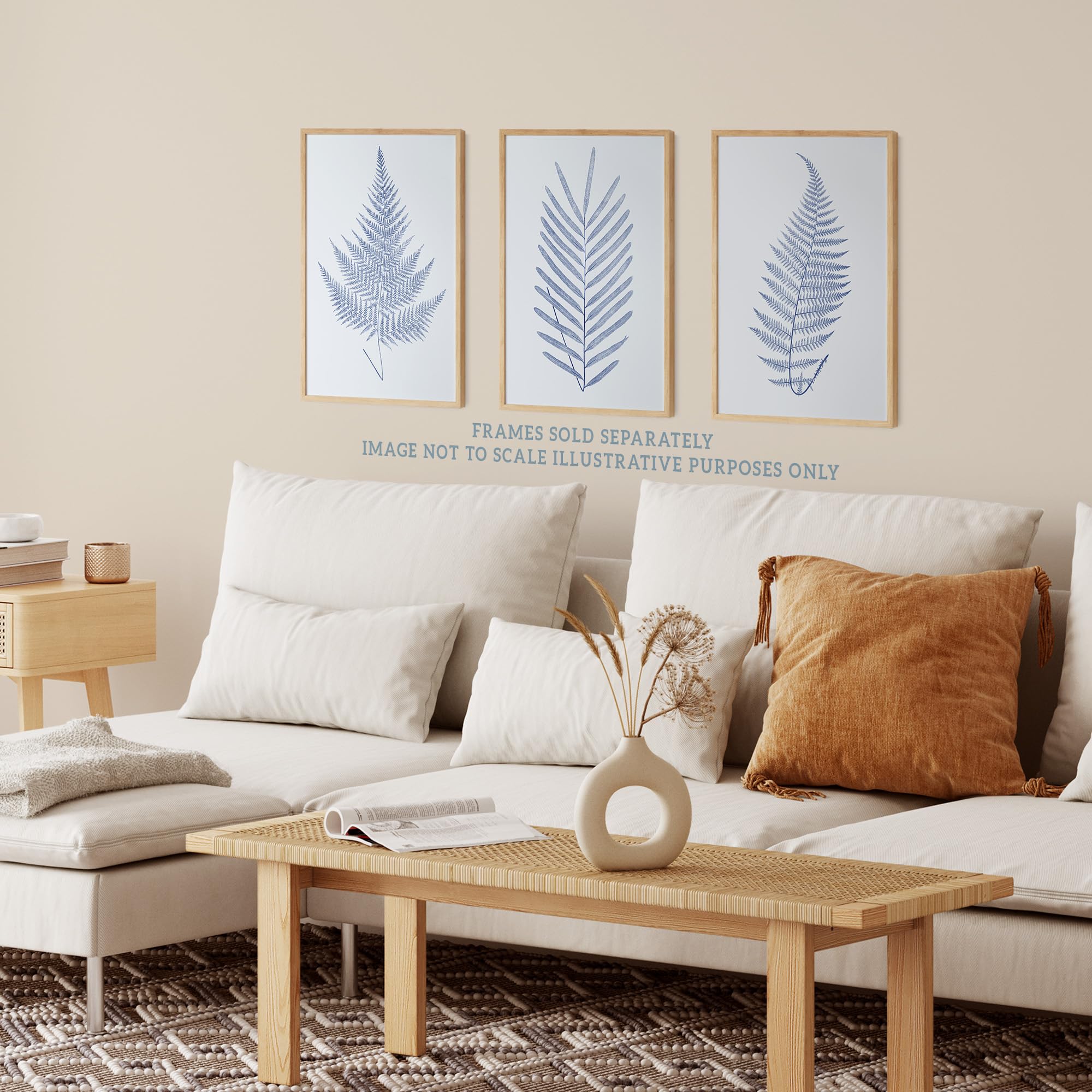 Wee Blue Coo Pack of 3 Elegant Calming Fern Leaf Frond Blue on Grey Detailed Foliage Imprint Botanical Unframed Wall Art Living Room Prints Set - Image 3