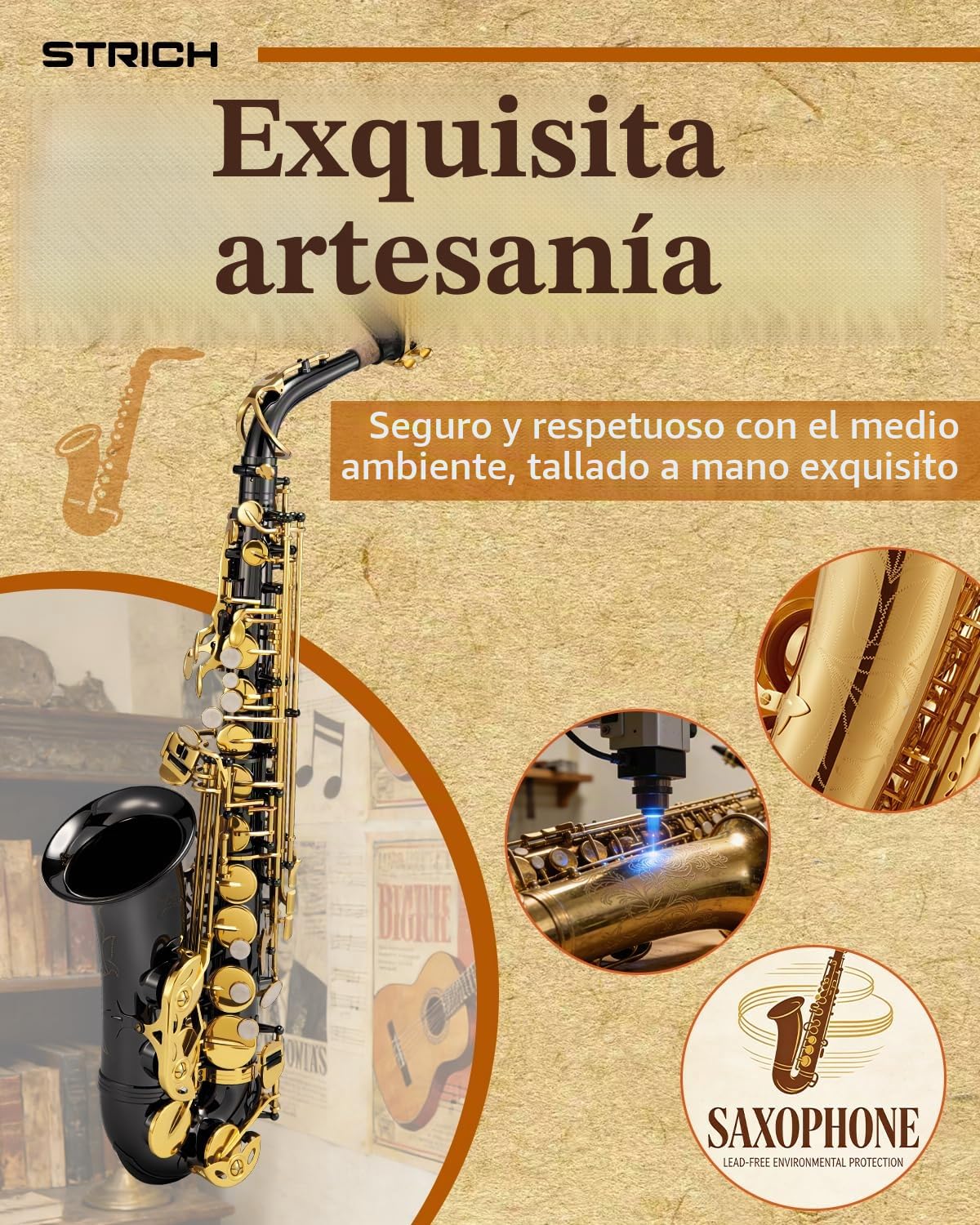 STRICH Kit de saxofón alto para estudiantes principiantes, con correa para el cuello, boquilla y lengüetas, ideal para la banda del colegio y para practicar en casa, SSA-31B, negro