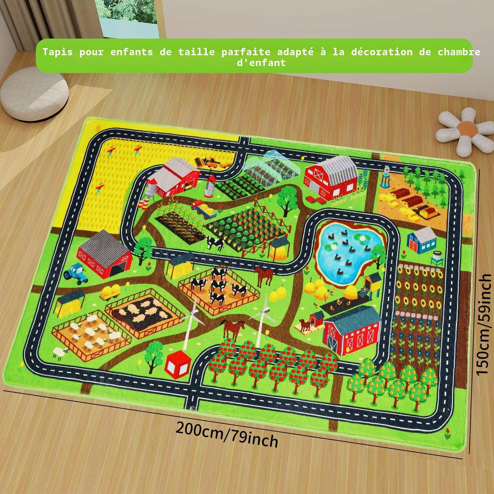 Tapis de voiture pour enfants, 200 x 150 cm, pour voitures jouet, maison de ferme, transport routier pour salle de jeux, tapis de rue pour enfants, carte de village, tapis de jeu pour