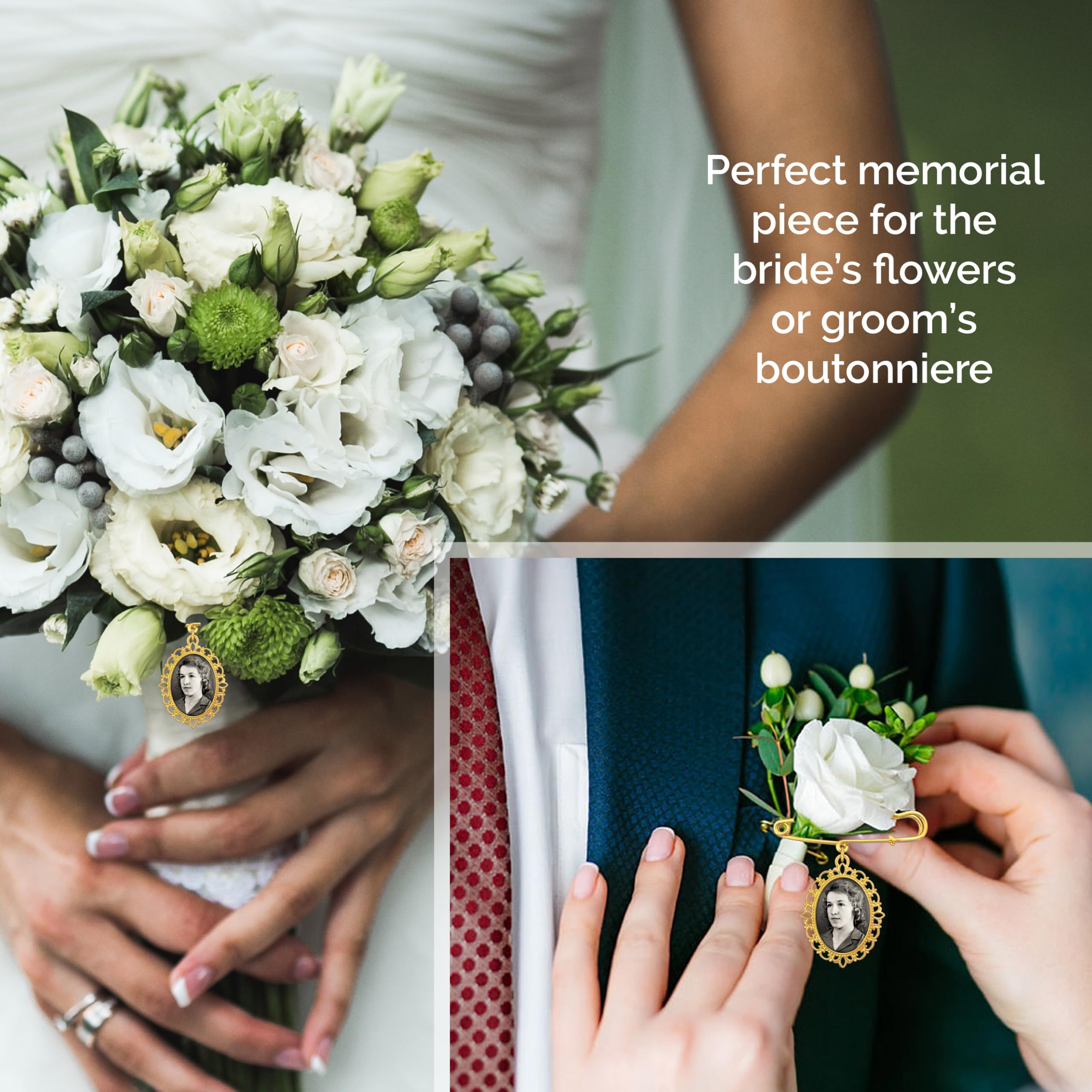 Goldener Hochzeitsstrauß, Foto-Charm-Anstecknadel für Brautstrauß oder Ansteckblumen, Gedenkstätte für Mutter, Vater der Braut oder des Bräutigams, Hochzeitszubehör