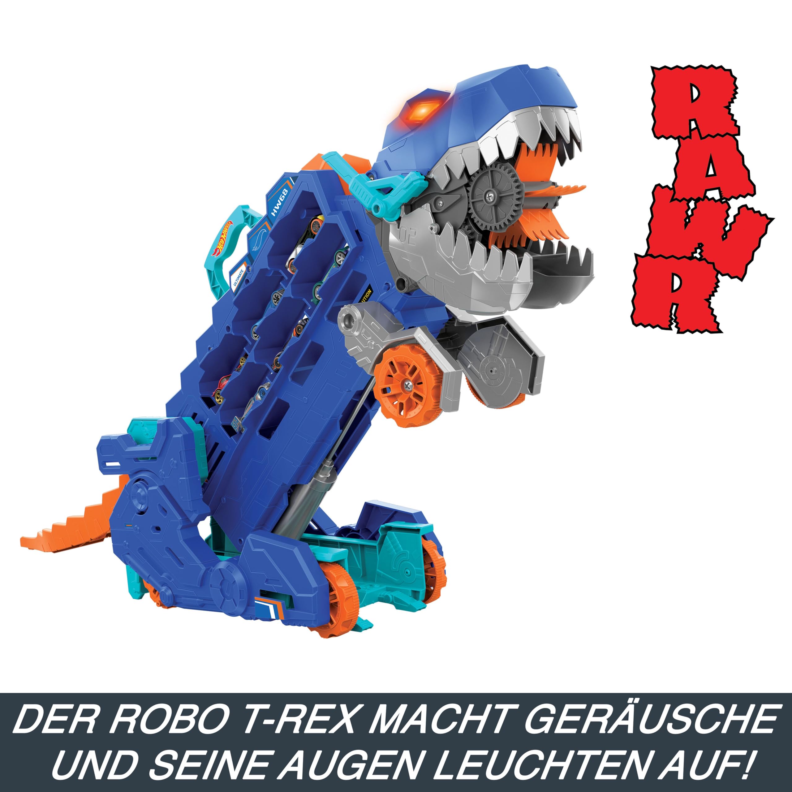 Hot Wheels Let's Race Netflix Transporter zu T-Rex Autorennbahn mit Beleuchtung und Geräuschen, inkl. 2 Spielzeugautos, Platz für 20 Autos, ab 4 Jahre HNG50