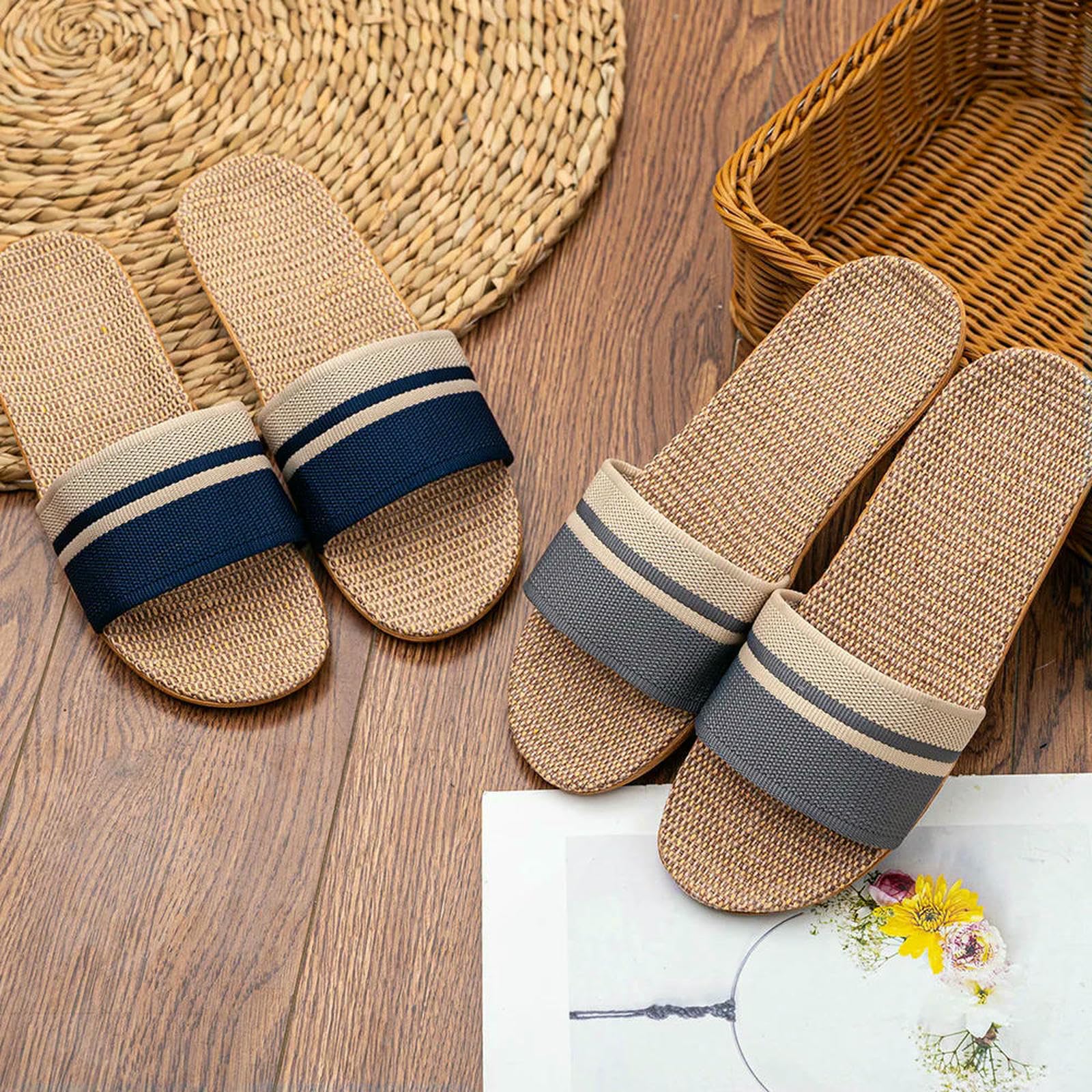 Pantoufles Légères en Lin Eva 2026, Sandales Plates D'été pour Hommes, Chaussures De Maison Décontractées Femmes, Confortables Et Respirantes-372 Café-40-41