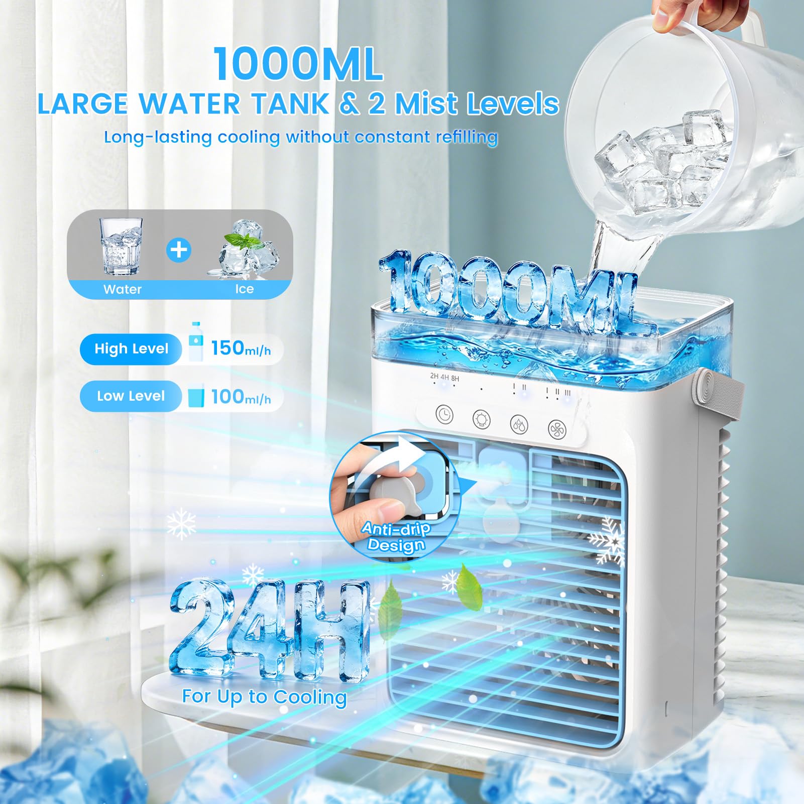 Aire Acondicionado Portátil Sin Tubo 4 en 1, Mini Aire Acondicionado Portátil, Climatizador Evaporativo USB, 3 Velocidades, 2 Modos Niebla, Depósito 1000ML, Temporizador 2/4/8H, Silencioso Ventilador