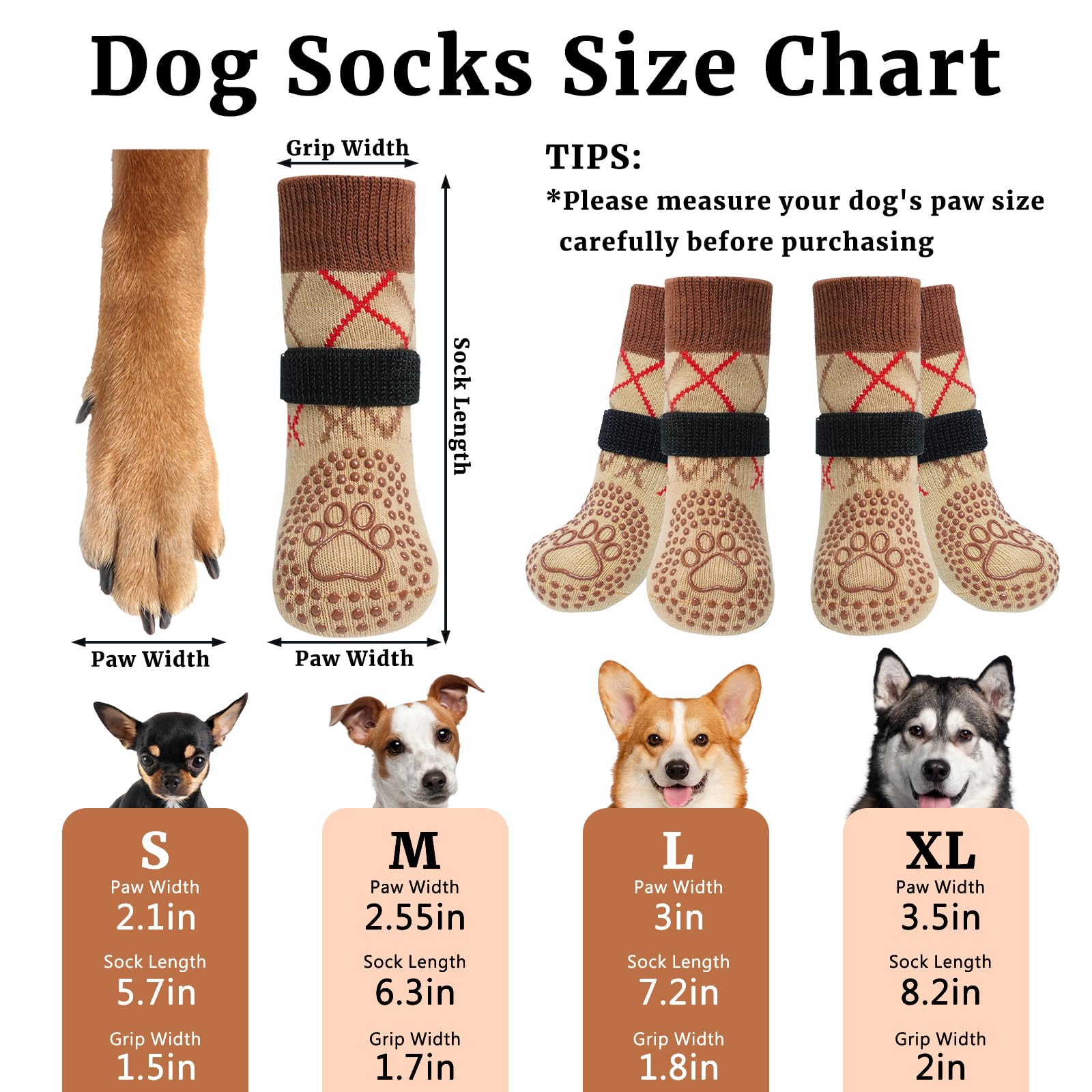 Chaussettes Chien Antidérapantes, 2 Paires Chaussette Chiens Protection Plaie, Réglable Chaussette pour Chien, Flexible Chausson Chiens pour Une Utilisation Intérieure et Extérieure (Brun-XL)