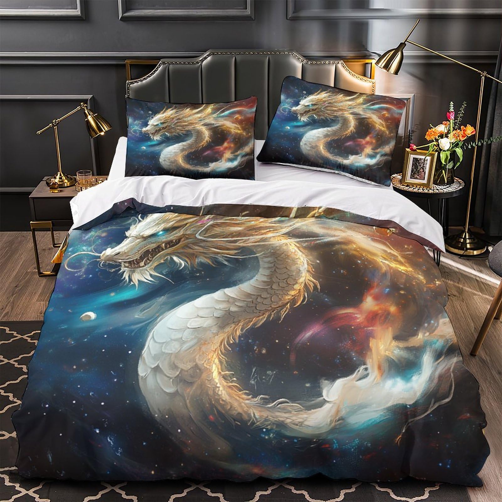 Housse de couette dragon 3D imprimé en microfibre hypoallergénique avec 2 taies 260x220 cm