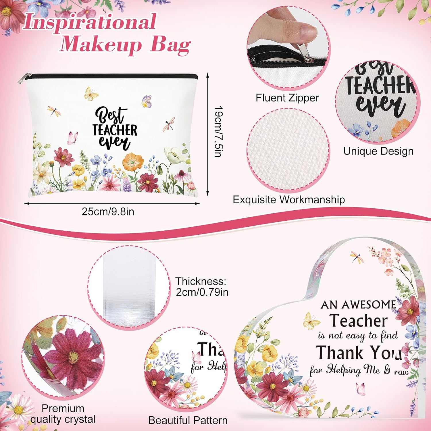 Sabary 3 Pcs 2026 Graduation Gifts Teacher Appreciation Inspirational Gift 20oz Vacuum Insulated Tumbler Mug Makeup Bag and Acrylic Keepsake for Women Master Student (Flower) image 5