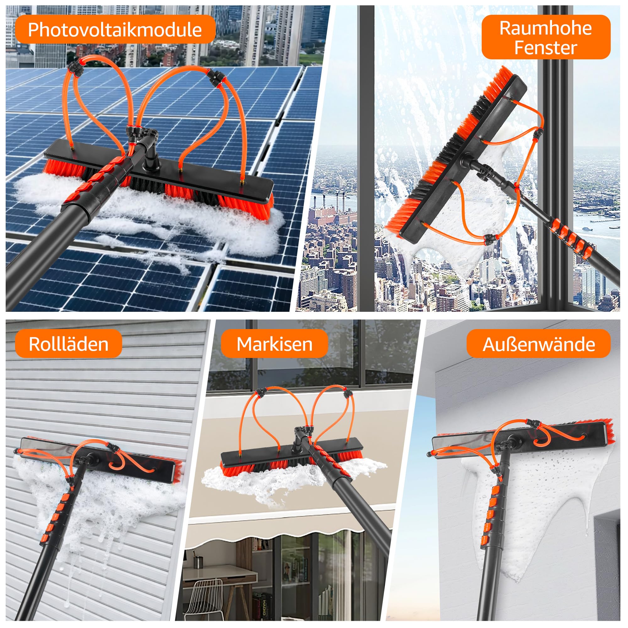 XDOVET Teleskop Waschbürste 7,2m - 4 Löcher Waschbürste mit Teleskopstiel - Ausziehbar Terrassendach Reinigen - Wintergarten Reinigungsset PV Reinigungsbürste Teleskop für Fensterreinigung 1pcs