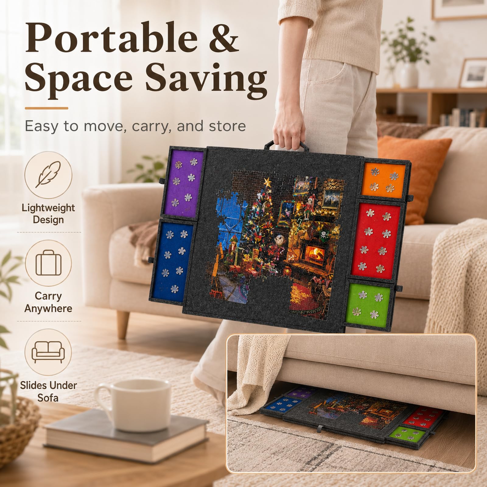 Plateau de Puzzle inclinable, 1000 pièces, 6 tiroirs, Couvercle | Support 2-en-1, surface en feutre ultralégère, rangement par couleurs, transport facile, pour adultes