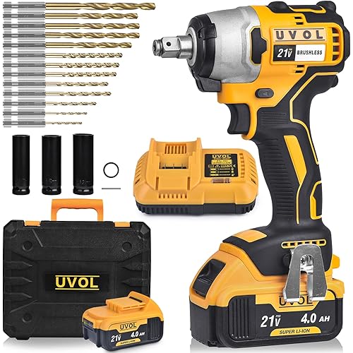 Cordless Impact Wrench with toolbox, 1/2 Inch Chuck, Brushless Motor Battery Power Drill/Driver with 3 Sockets & 13 Driver Bits, Power Impact Wrench with Battery & Charger, 21V/4.0Ah (BX8501)