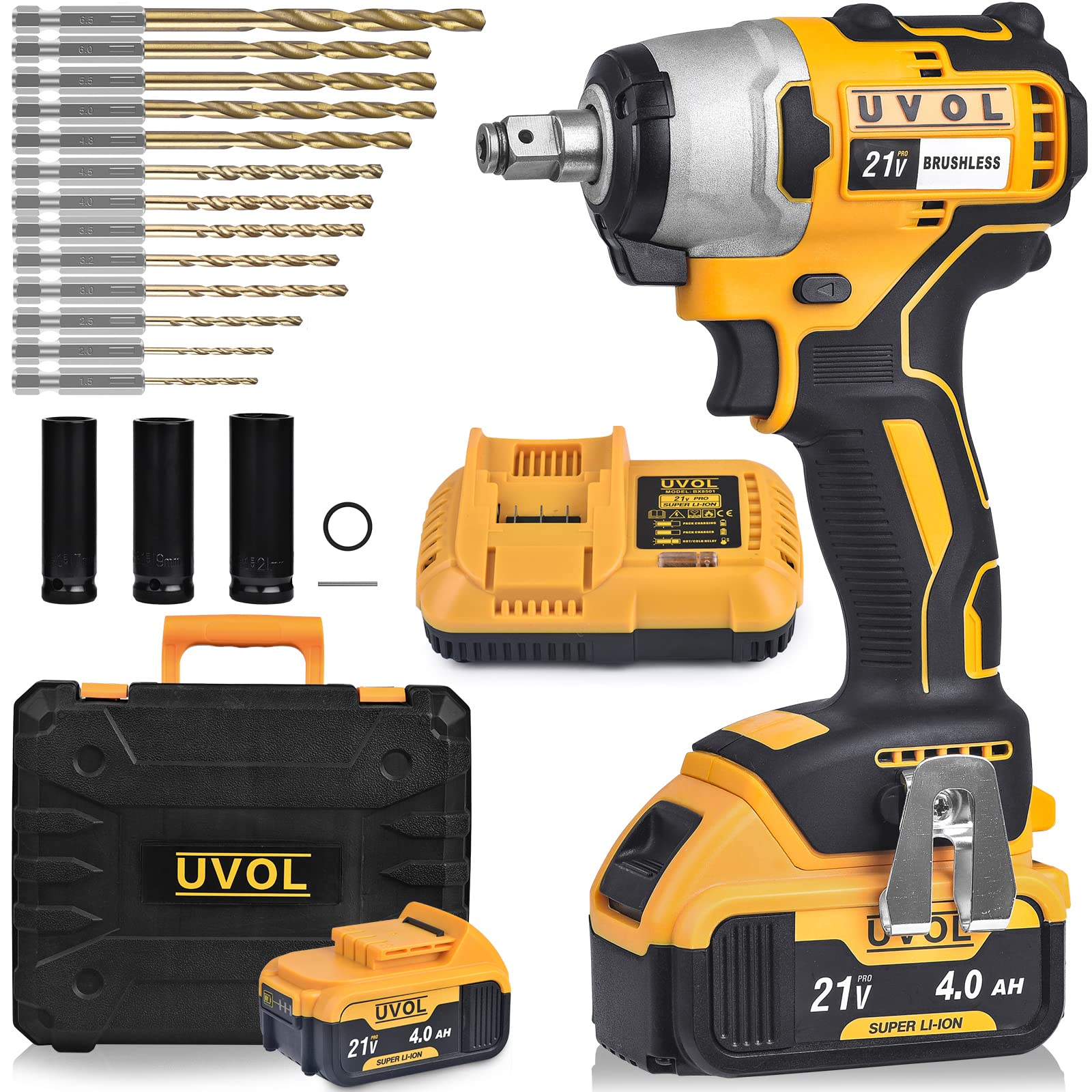 UVOL Cordless Impact Wrench with toolbox, 1/2 Inch Chuck, Brushless Motor Battery Power Drill